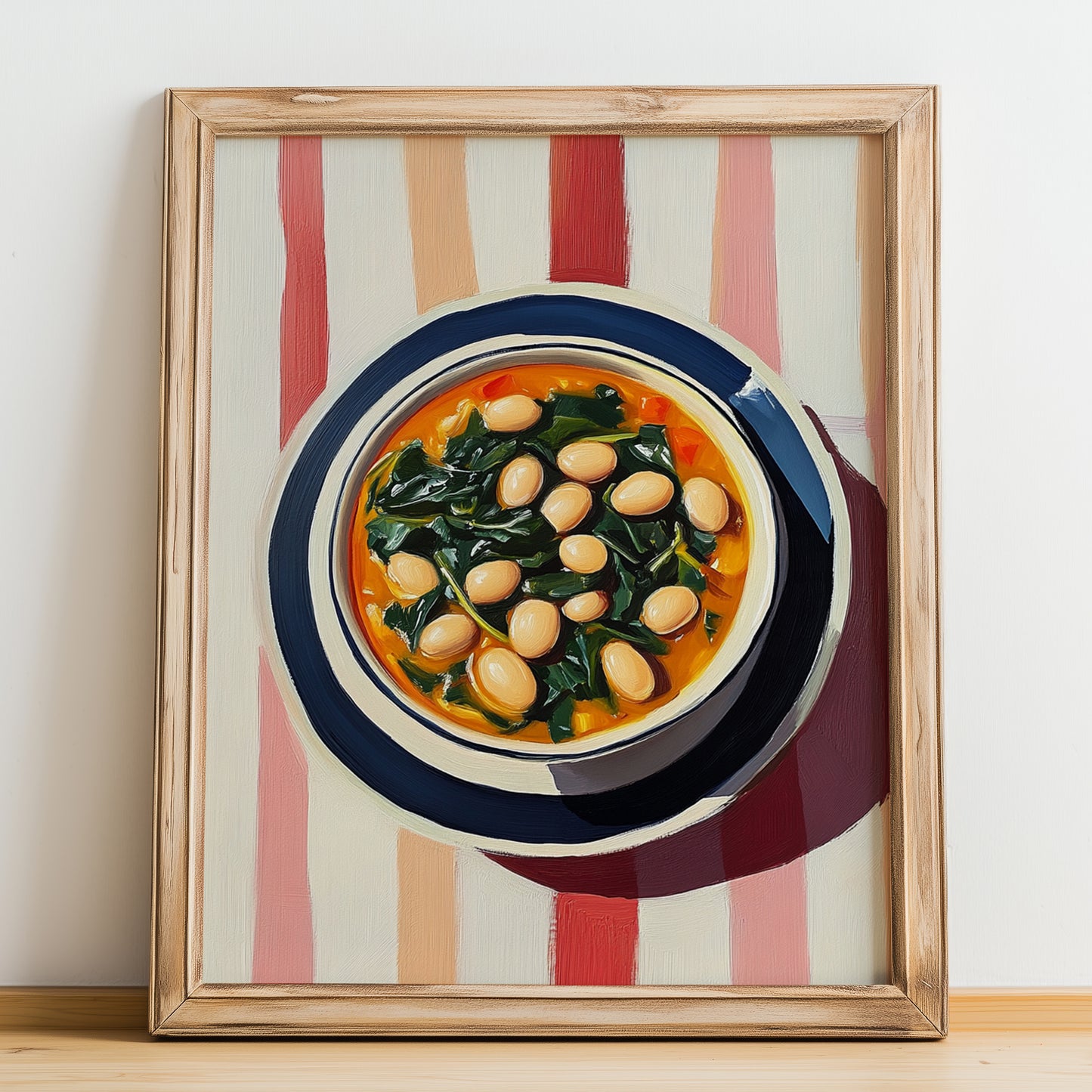 Cocido Montañés – on Striped Tablecloth, Spanish Food Painting, no-text version framed in wood