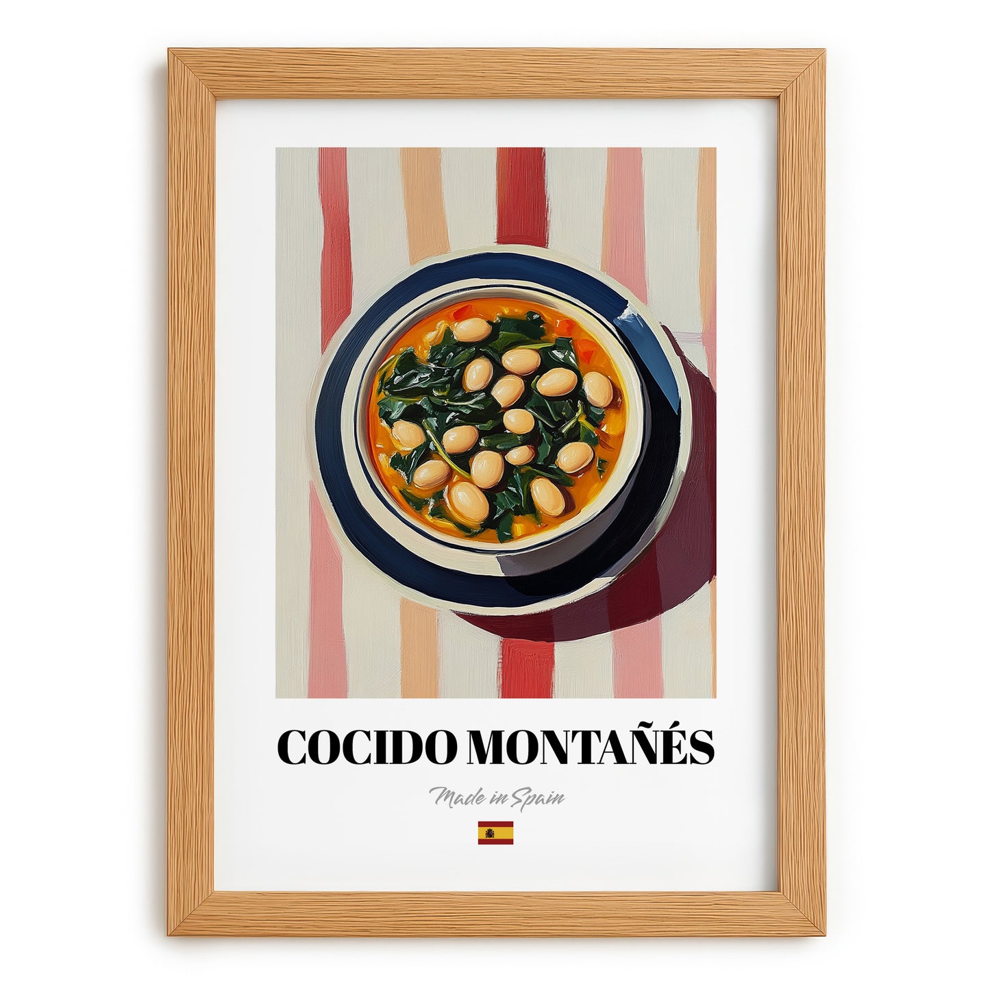 Cocido Montañés – on Striped Tablecloth, Spanish Food Painting, set in oak frame