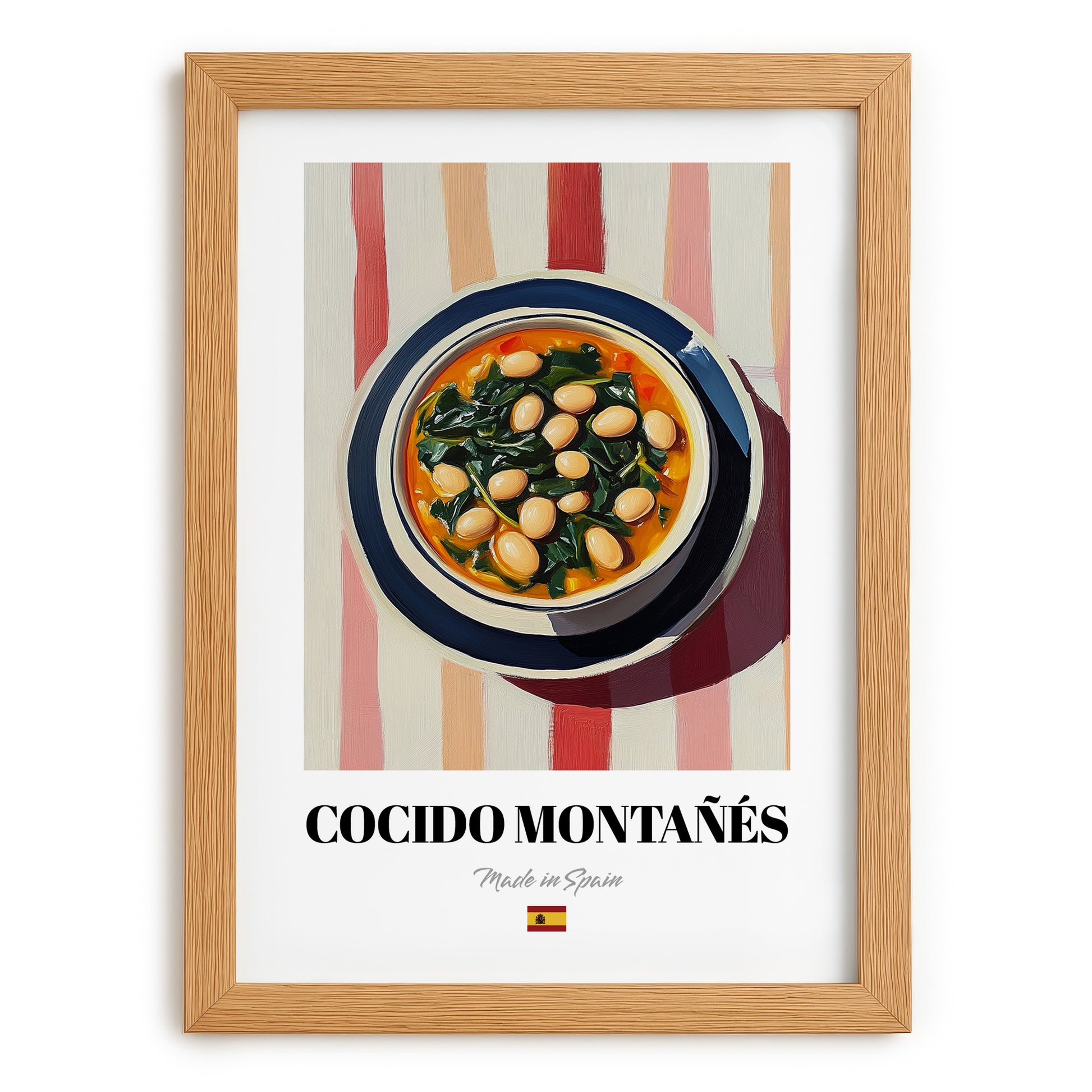 Cocido Montañés – on Striped Tablecloth, Spanish Food Painting, set in oak frame
