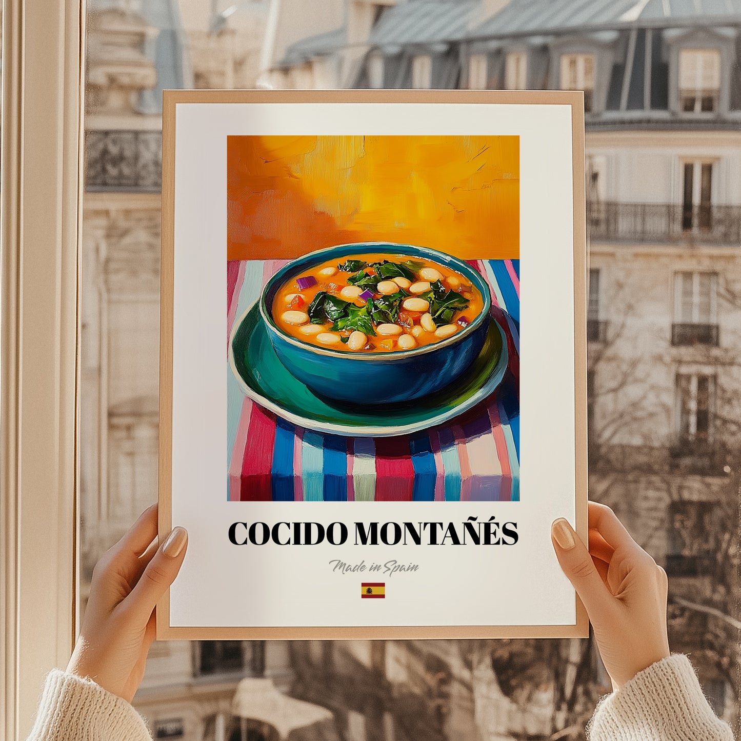 Cocido Montañés – Colorful Oil Painting, Spanish Food Still Life, styled in a charming Paris street view
