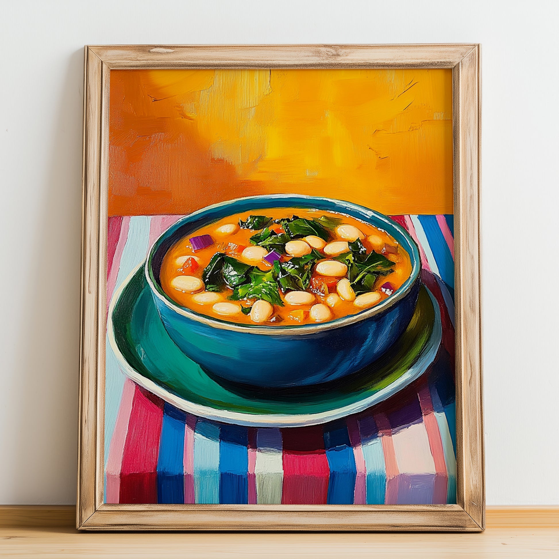 Cocido Montañés – Colorful Oil Painting, Spanish Food Still Life, no-text version framed in wood