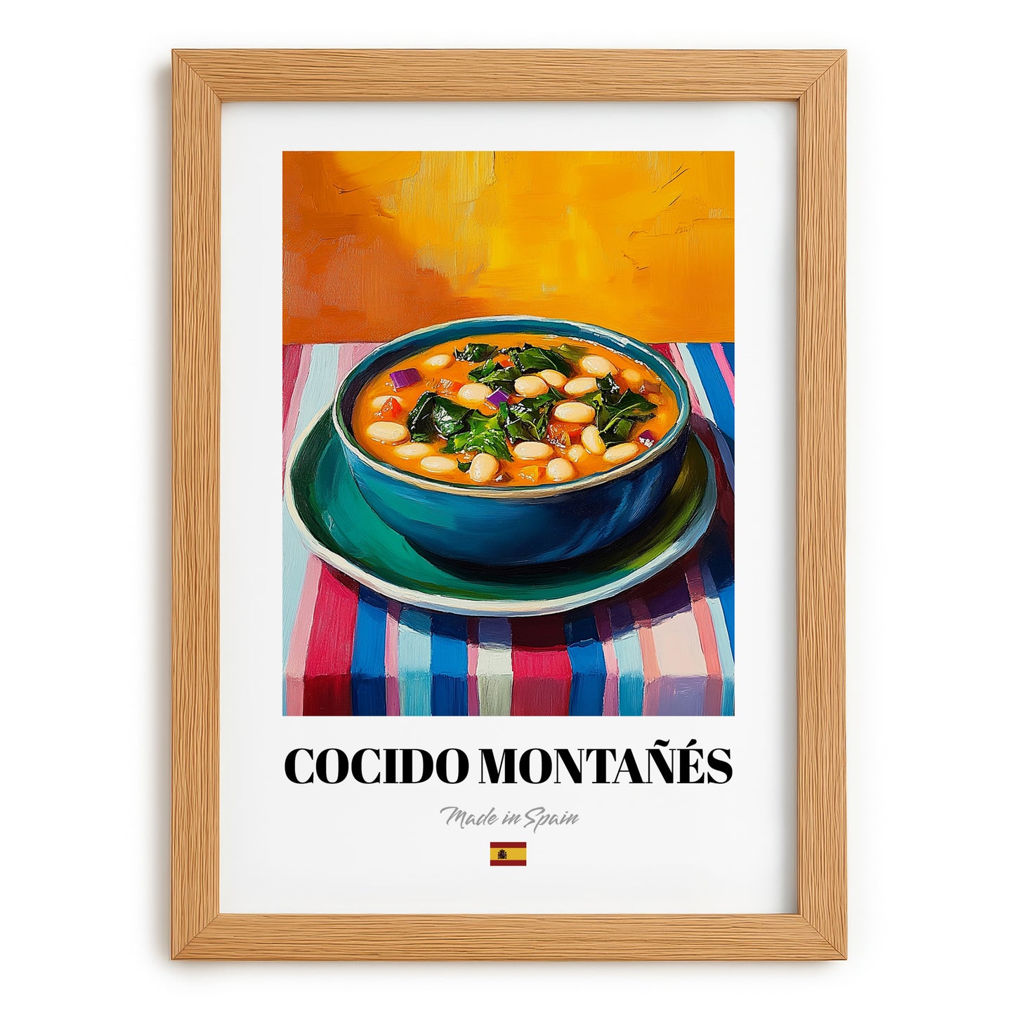 Cocido Montañés – Colorful Oil Painting, Spanish Food Still Life, set in oak frame