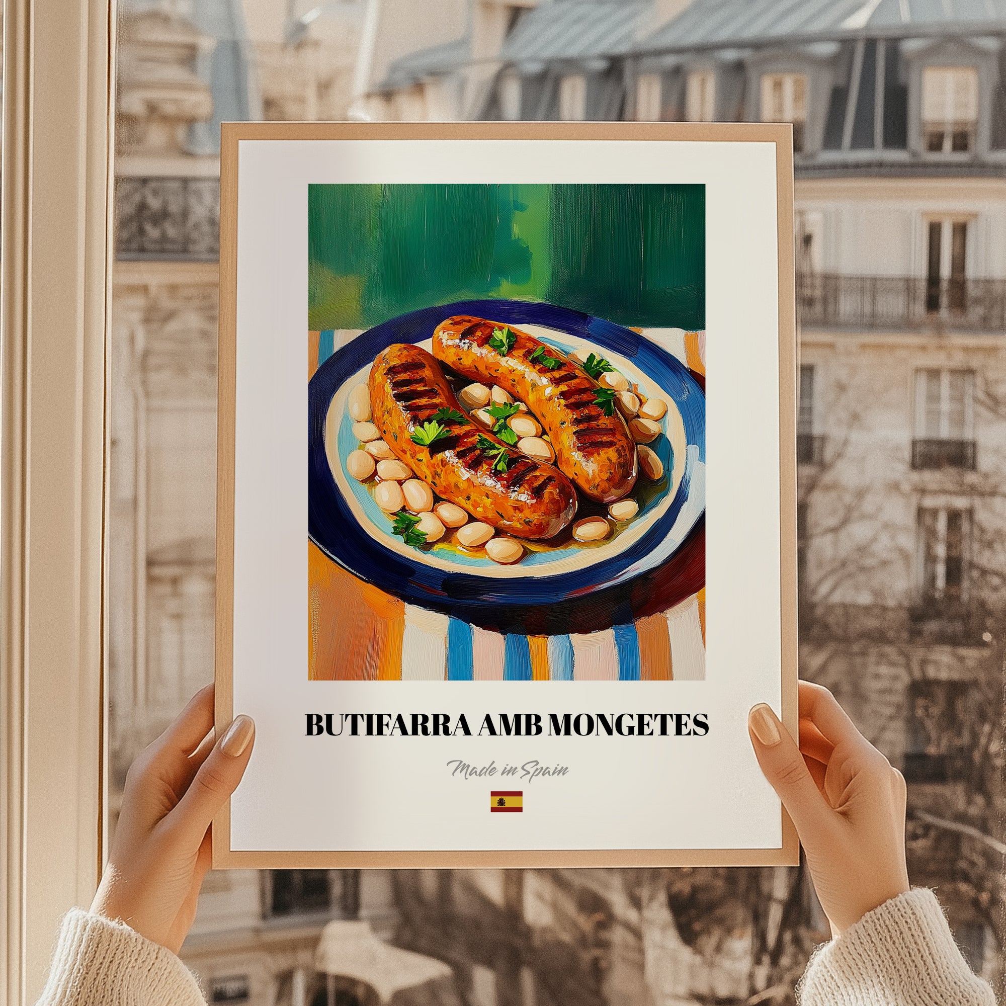 Butifarra amb Mongetes – Art, Spanish Food Still Life, styled in a charming Paris street view