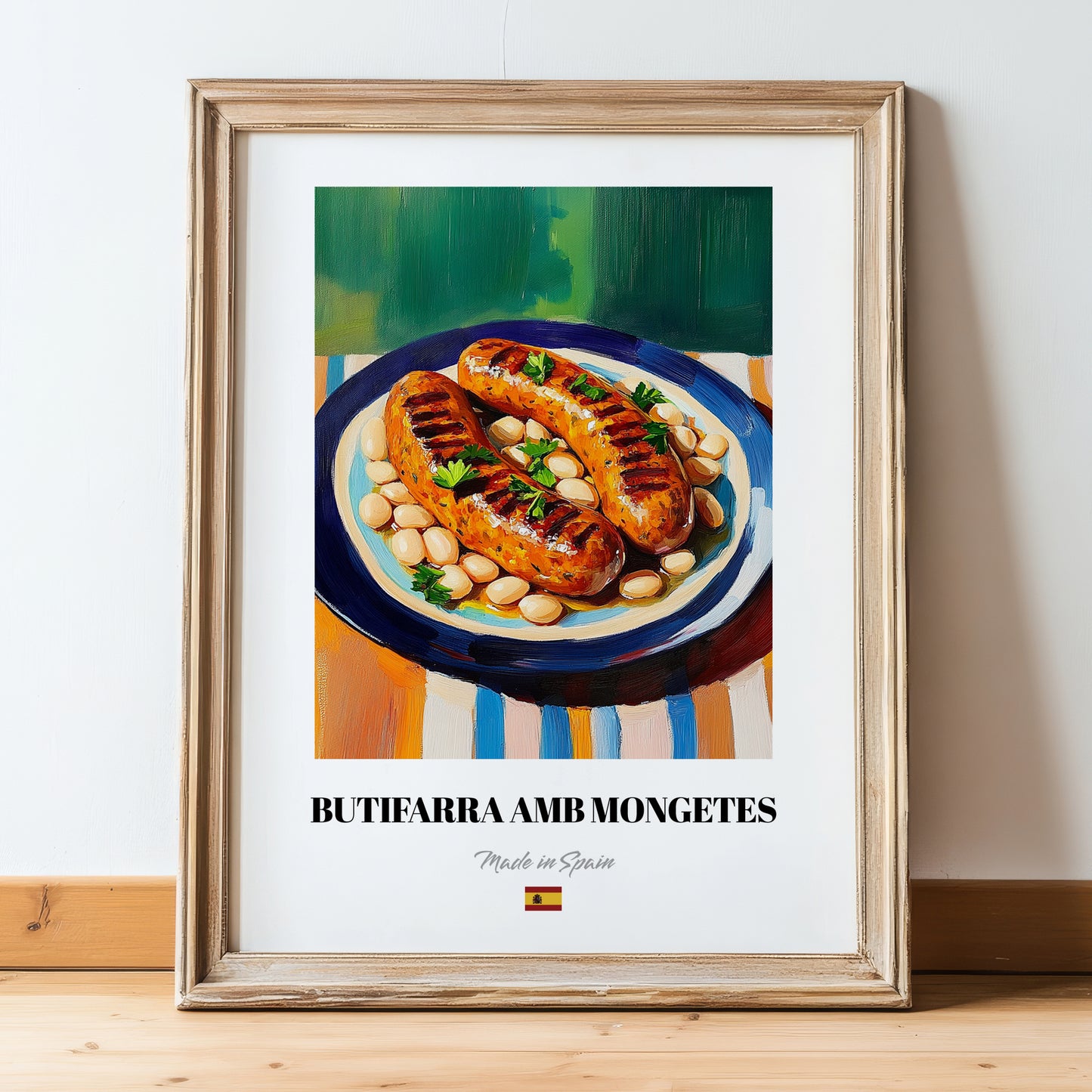 Butifarra amb Mongetes – Art, Spanish Food Still Life, in wooden frame leaning on the floor