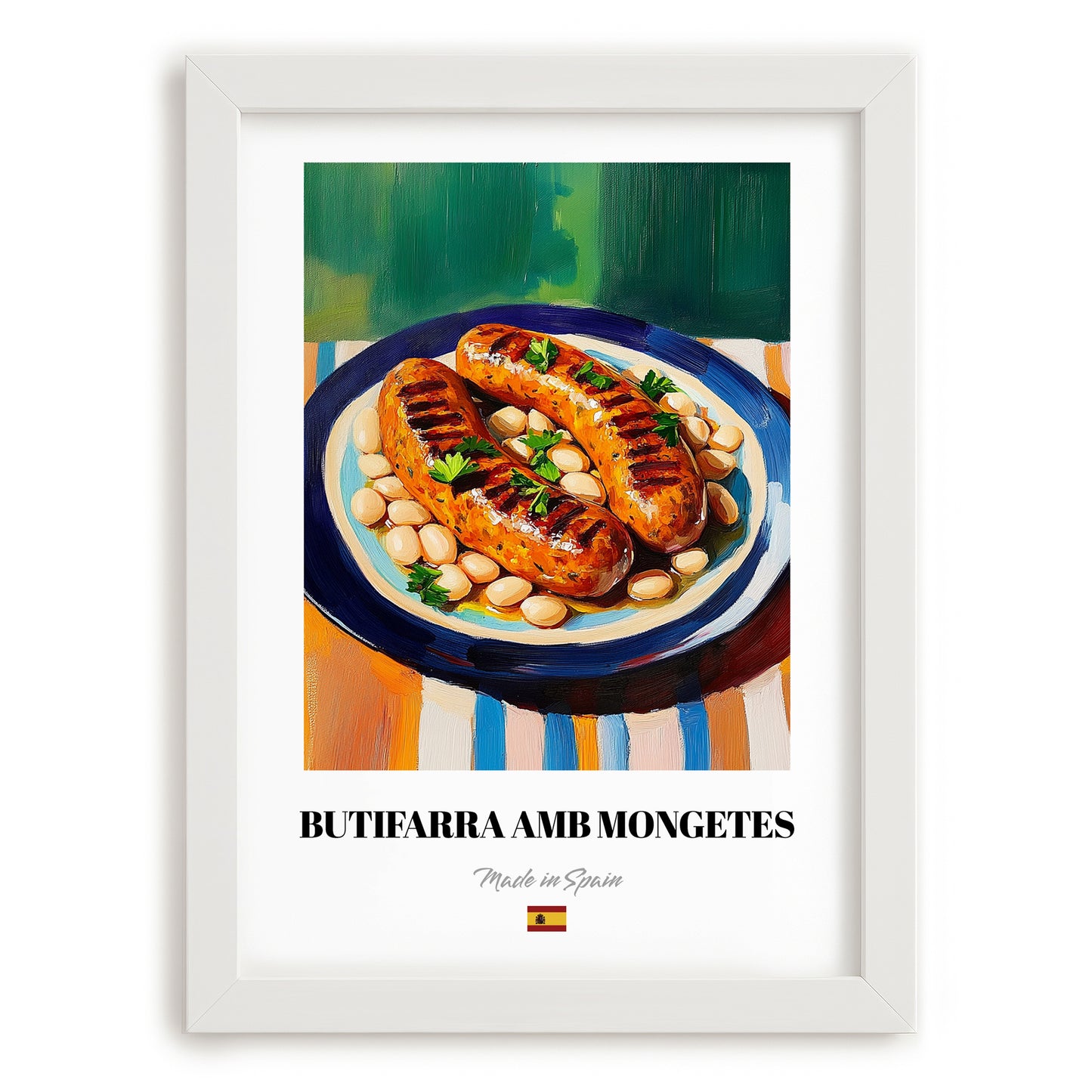 Butifarra amb Mongetes – Art, Spanish Food Still Life, placed in minimal white frame