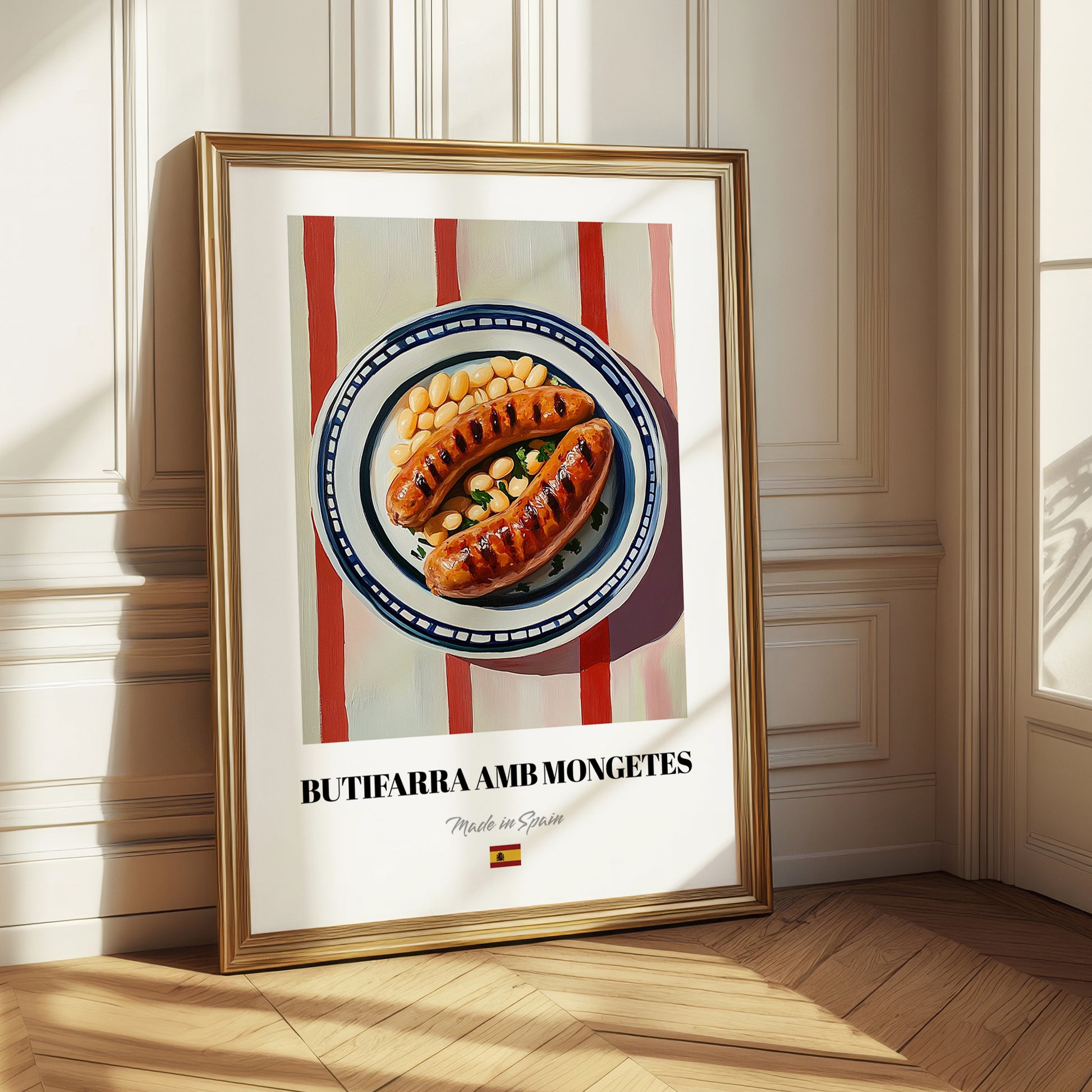 Butifarra amb Mongetes – on Striped Tablecloth, Spanish Food Wall Decor