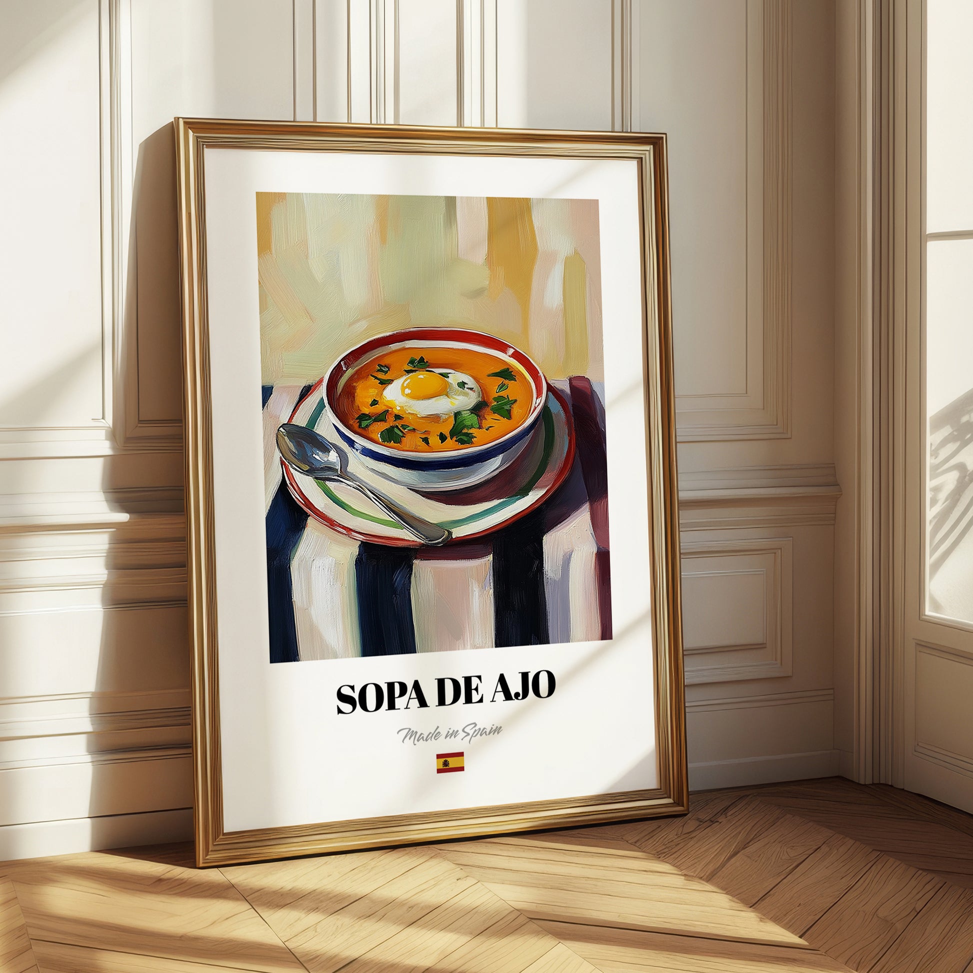 Sopa de Ajo – on Striped Tablecloth, Spanish Food Poster