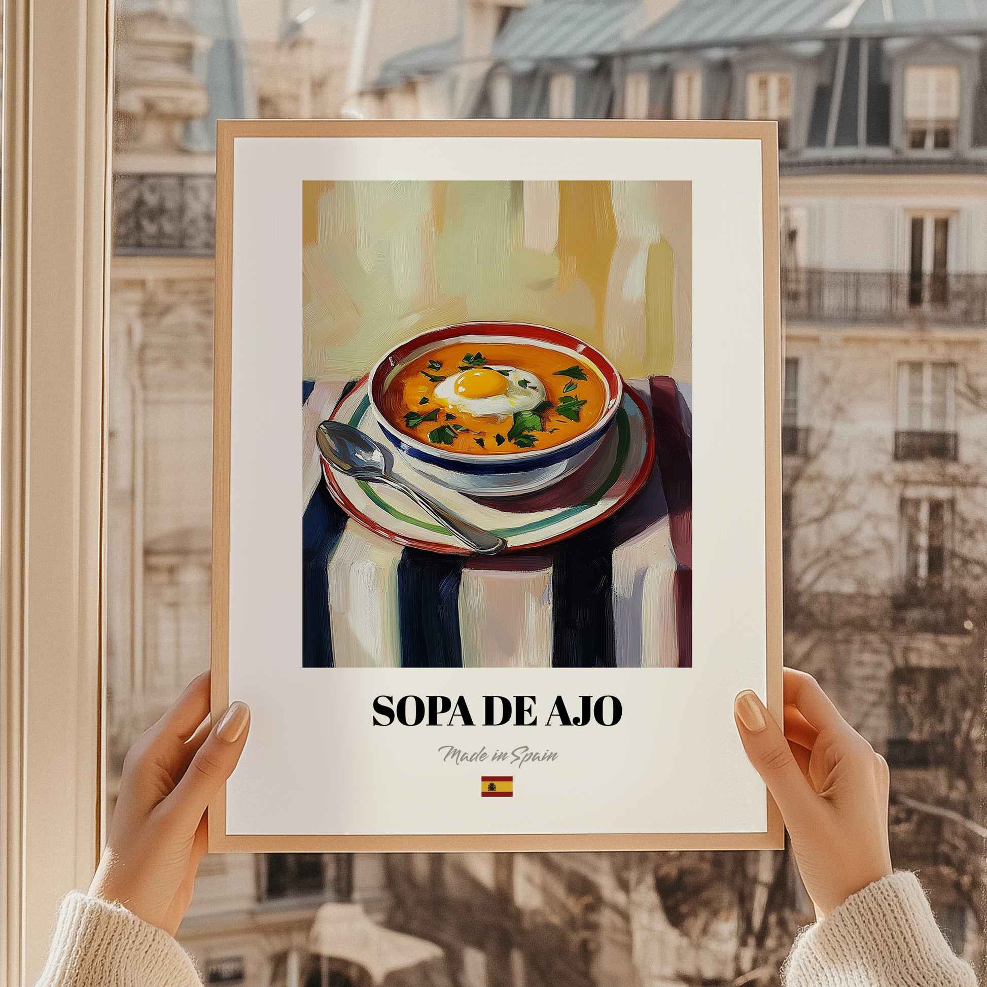Sopa de Ajo – on Striped Tablecloth, Spanish Food Poster, styled in a charming Paris street view
