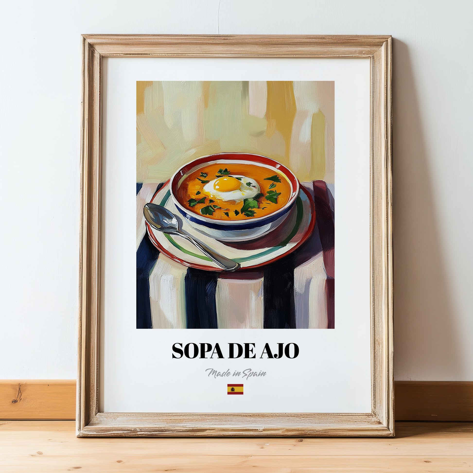 Sopa de Ajo – on Striped Tablecloth, Spanish Food Poster, in wooden frame leaning on the floor