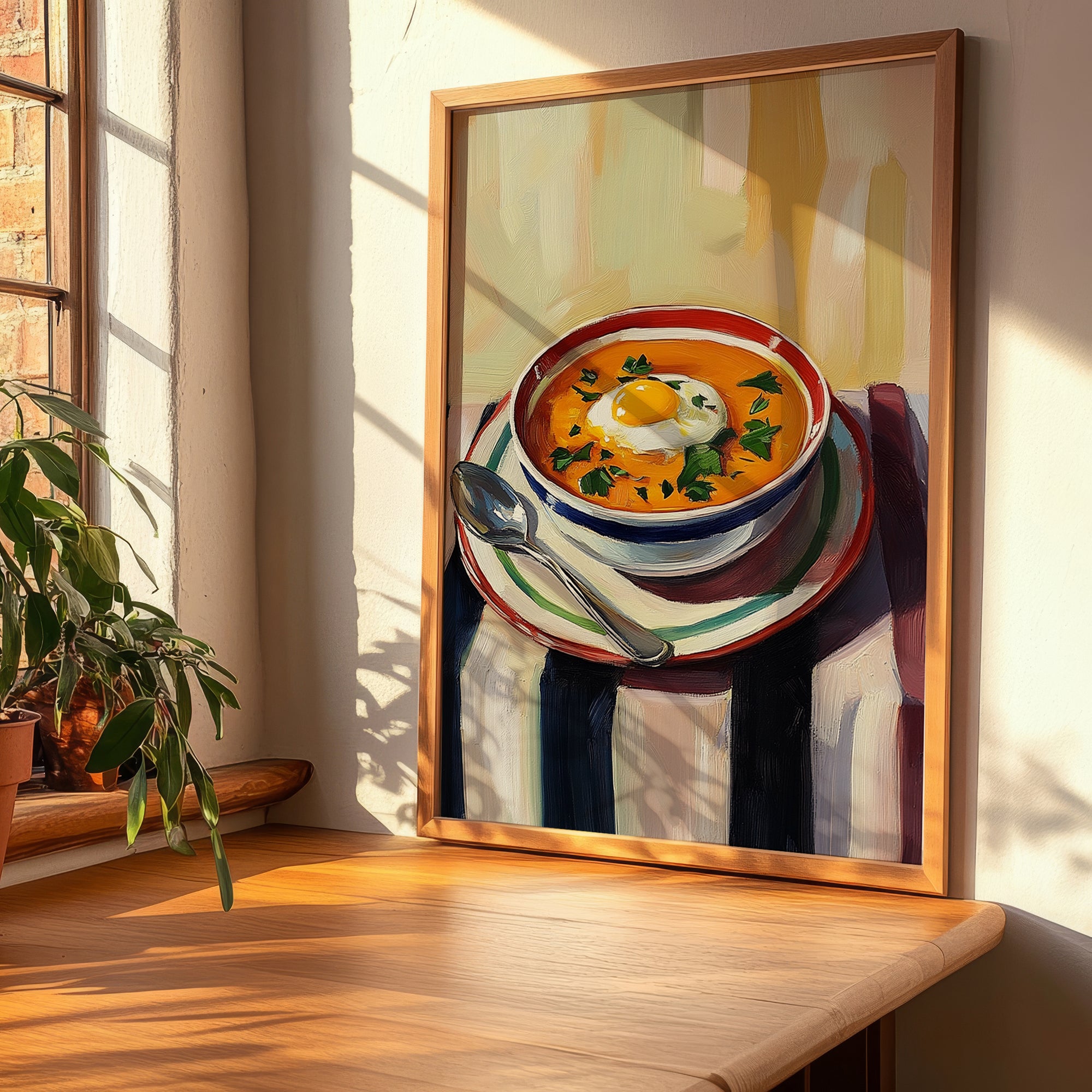 Sopa de Ajo – on Striped Tablecloth, Spanish Food Poster, clean layout with no caption