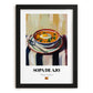 Sopa de Ajo – on Striped Tablecloth, Spanish Food Poster, in sleek black frame