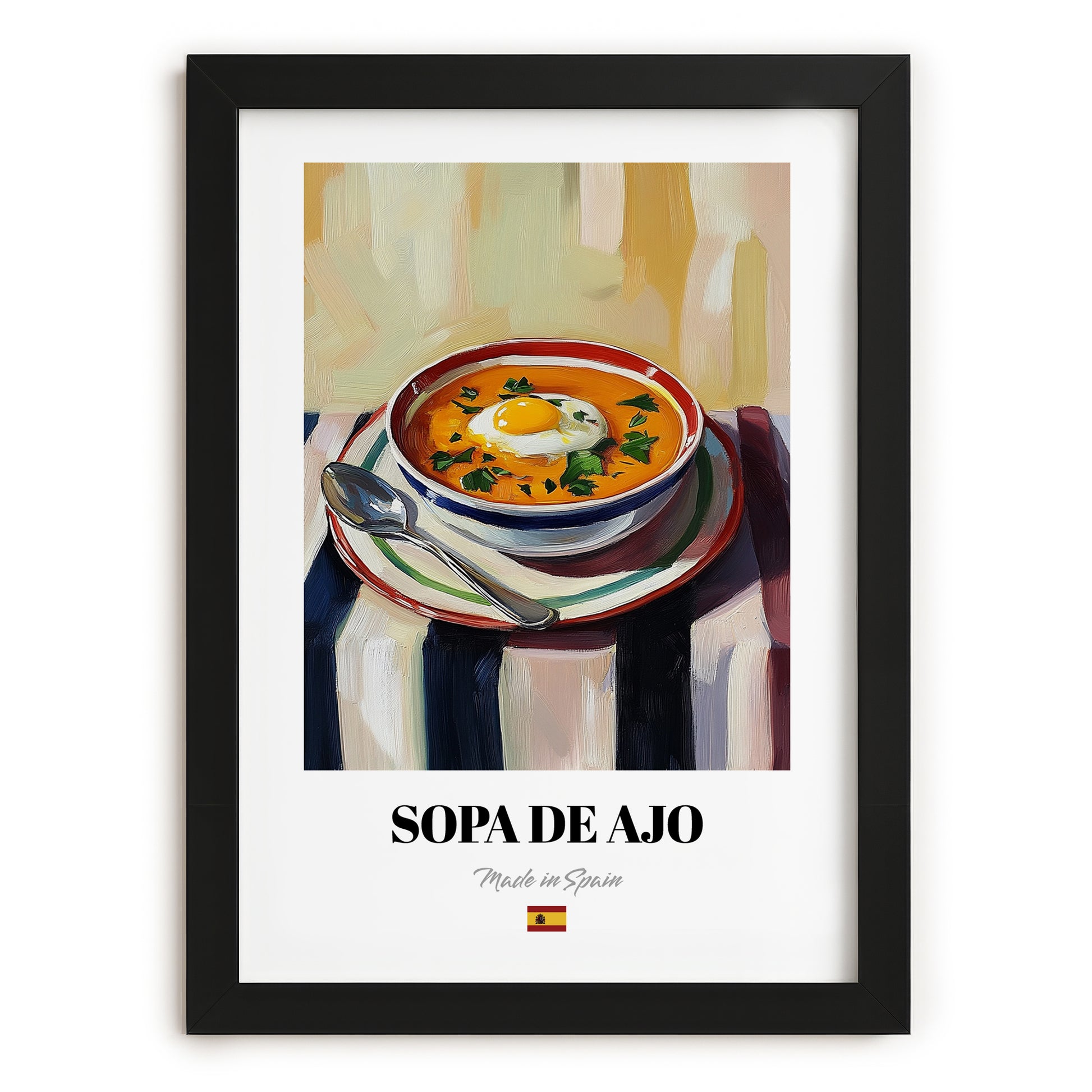 Sopa de Ajo – on Striped Tablecloth, Spanish Food Poster, in sleek black frame