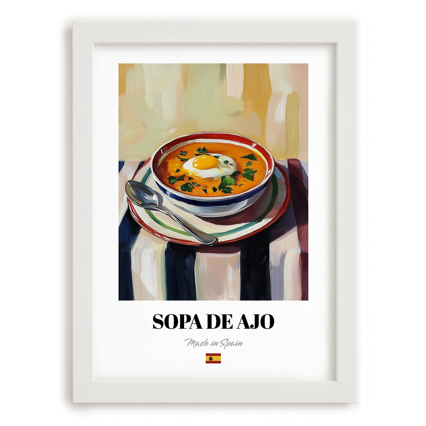 Sopa de Ajo – on Striped Tablecloth, Spanish Food Poster, placed in minimal white frame