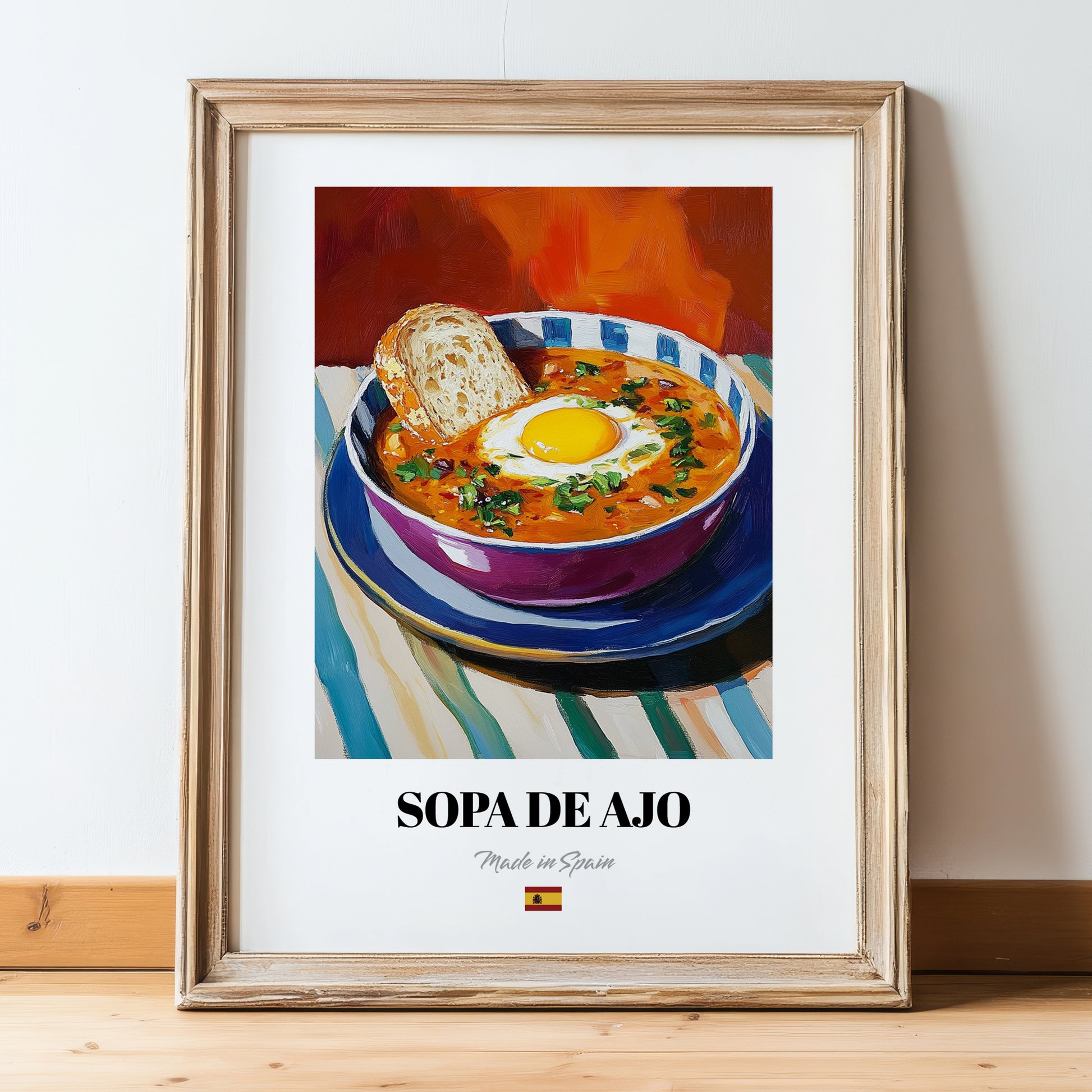 Sopa de Ajo – Art, Spanish Food Poster, in wooden frame leaning on the floor