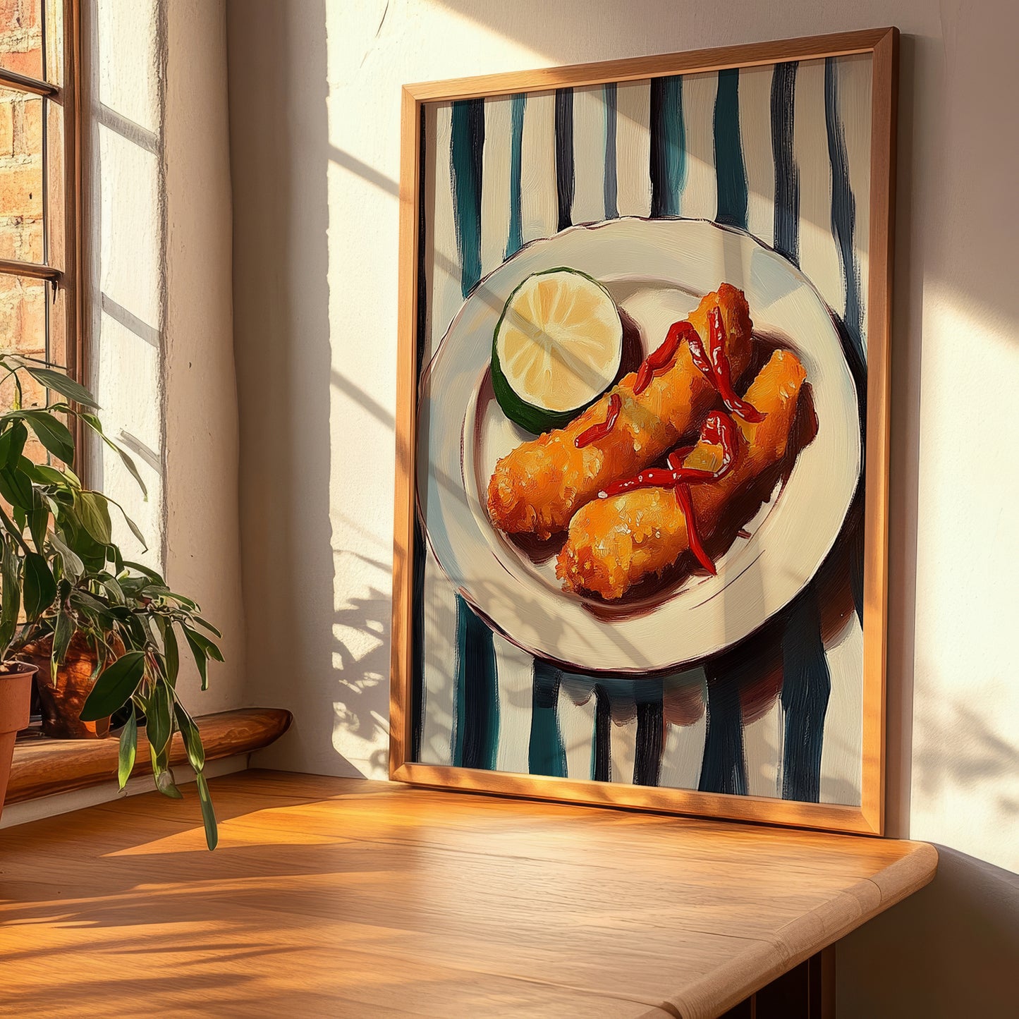 Soldaditos de Pavía – on Striped Tablecloth, Spanish Food Still Life, clean layout with no caption