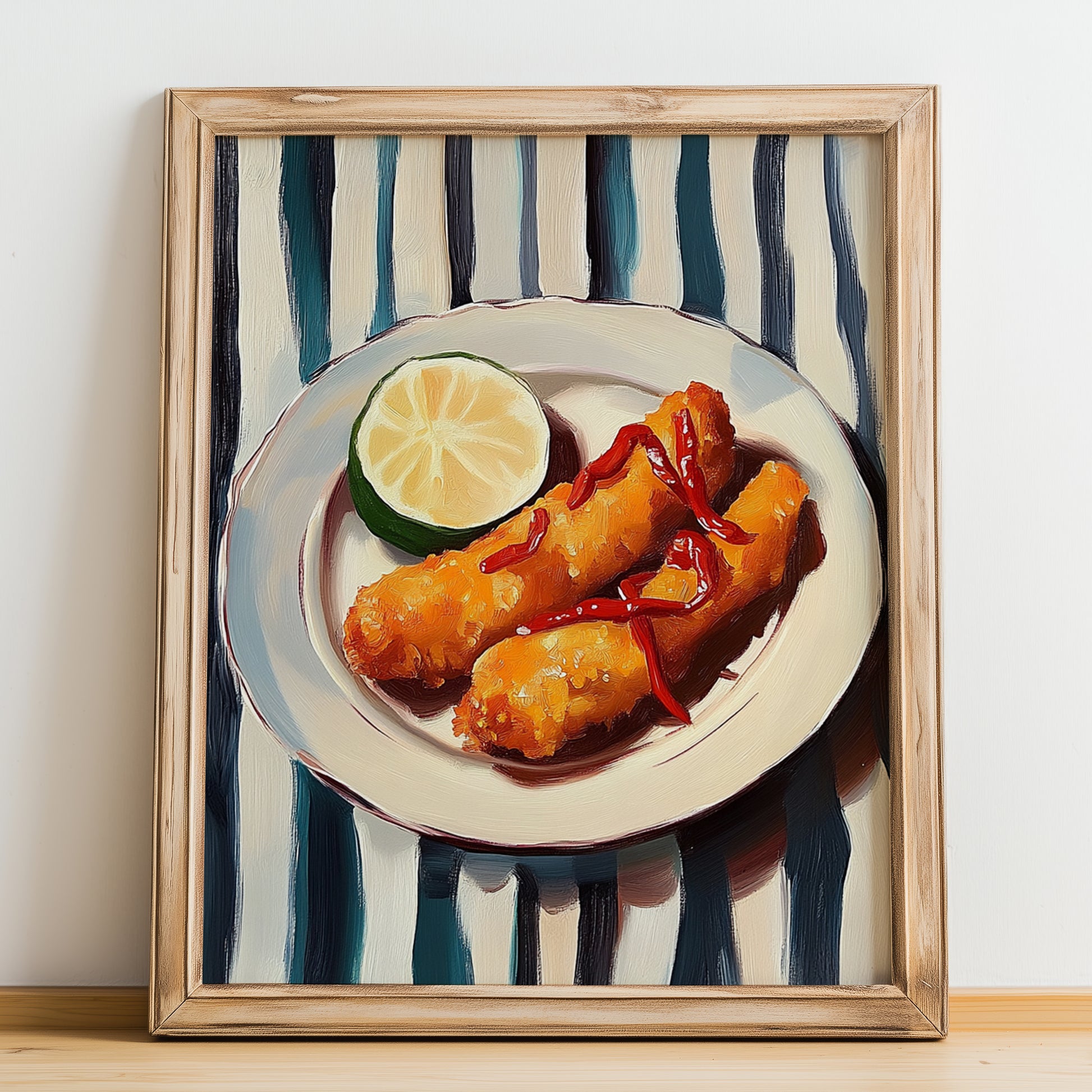Soldaditos de Pavía – on Striped Tablecloth, Spanish Food Still Life, no-text version framed in wood