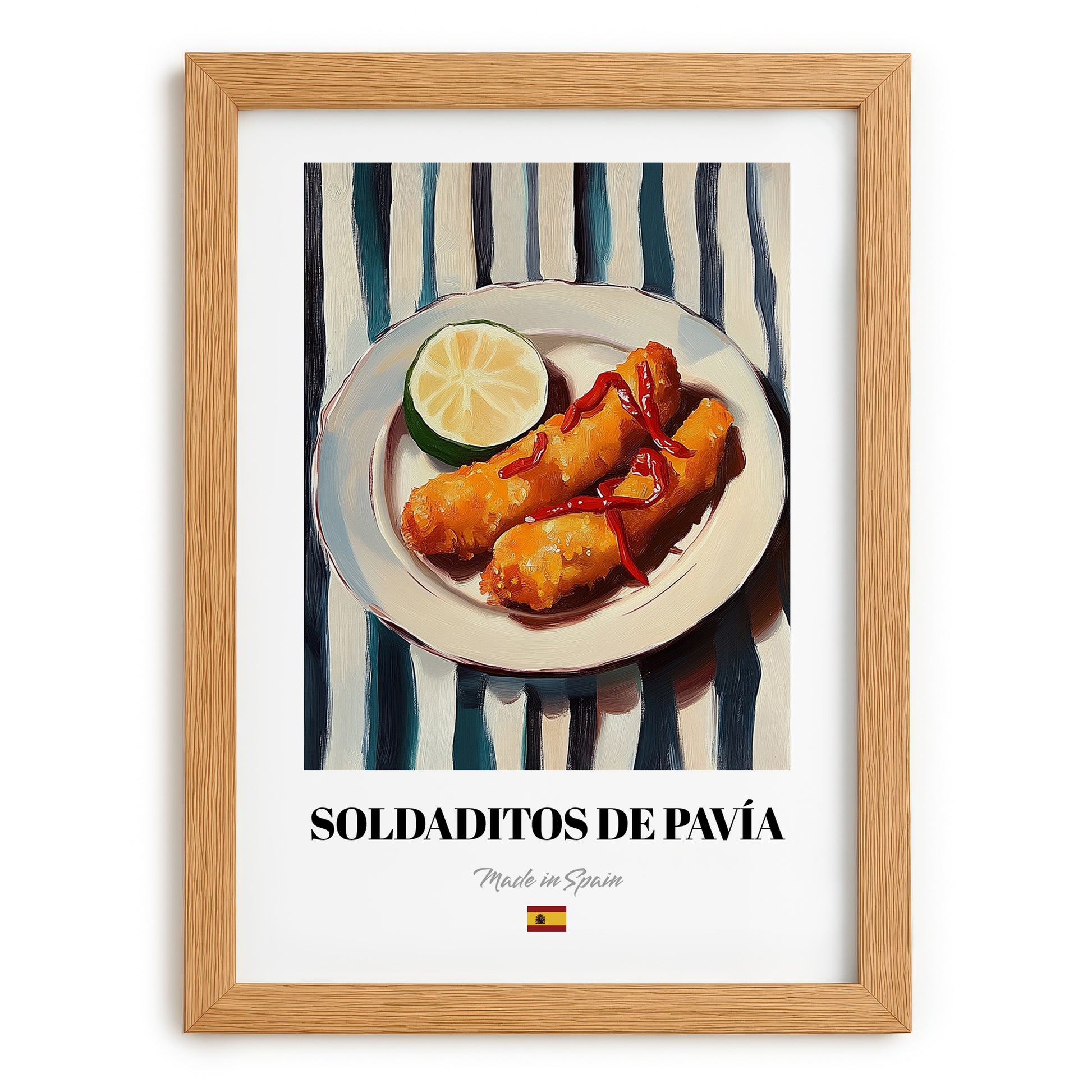 Soldaditos de Pavía – on Striped Tablecloth, Spanish Food Still Life, set in oak frame