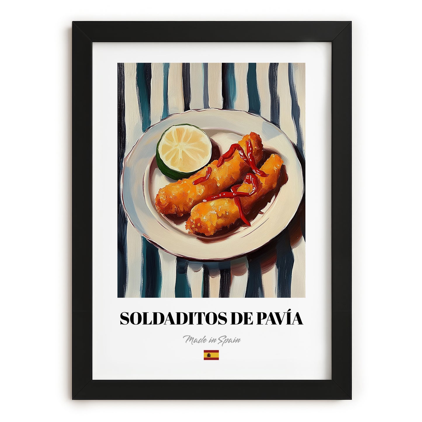 Soldaditos de Pavía – on Striped Tablecloth, Spanish Food Still Life, in sleek black frame