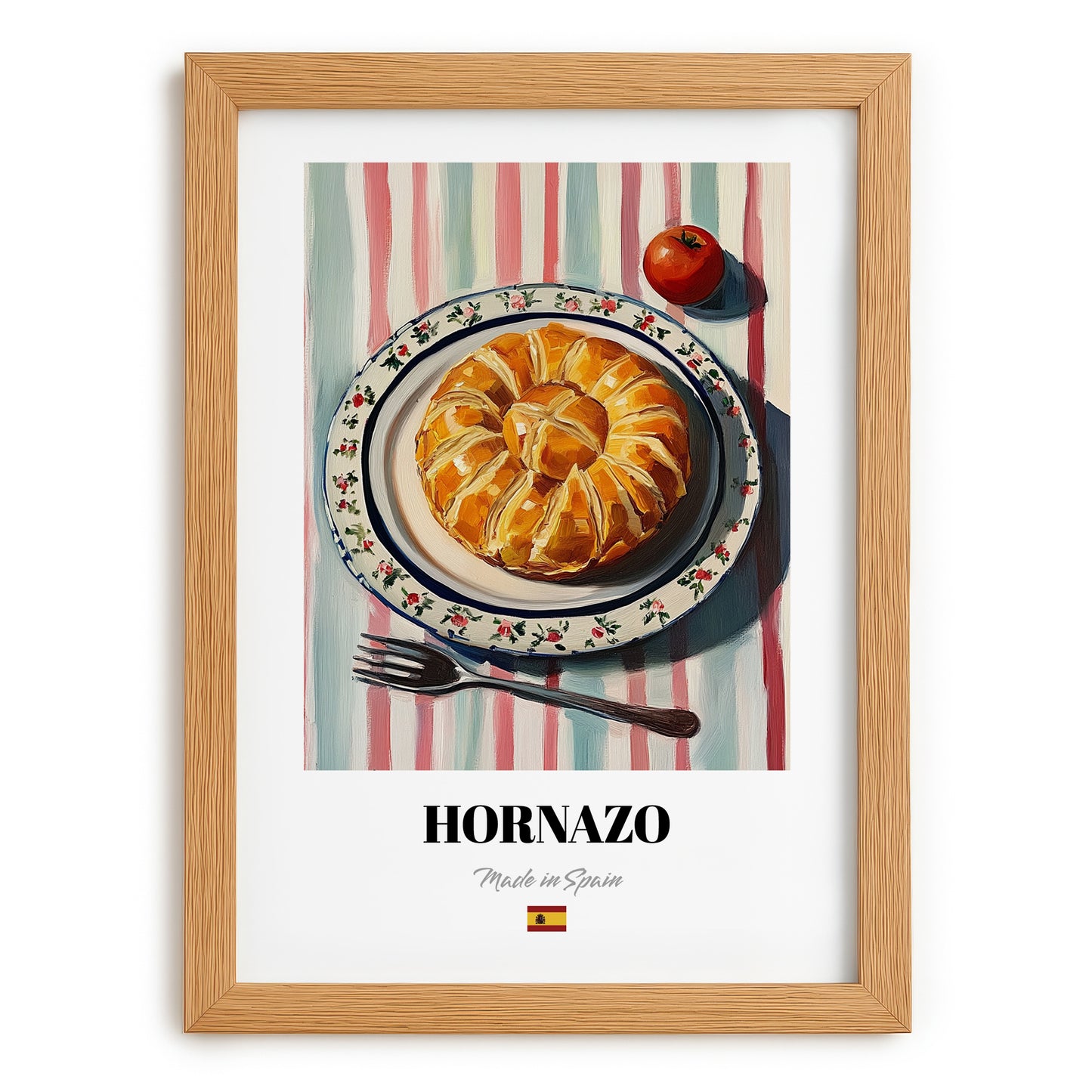 Hornazo – on Striped Tablecloth, Spanish Food Wall Decor, set in oak frame