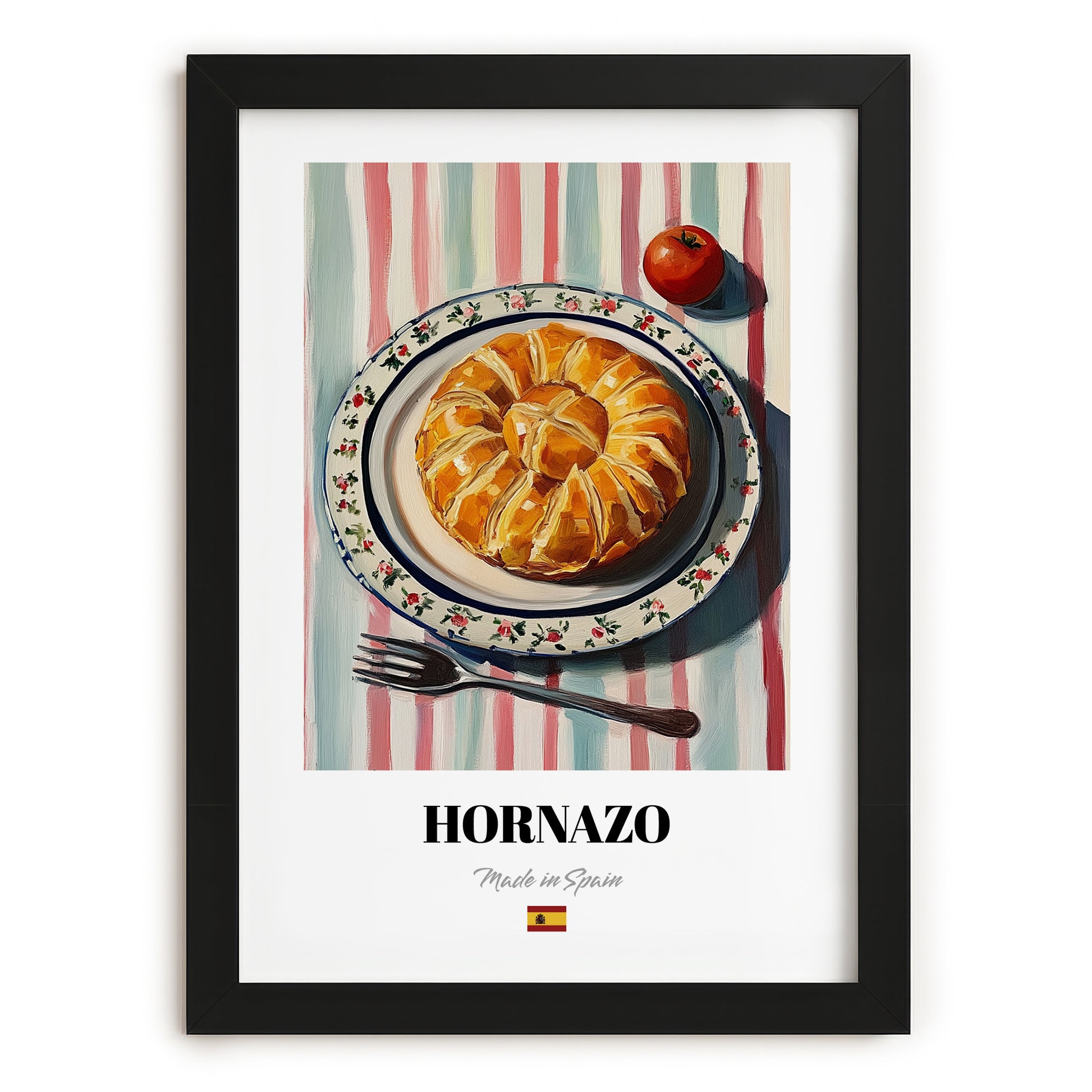 Hornazo – on Striped Tablecloth, Spanish Food Wall Decor, in sleek black frame