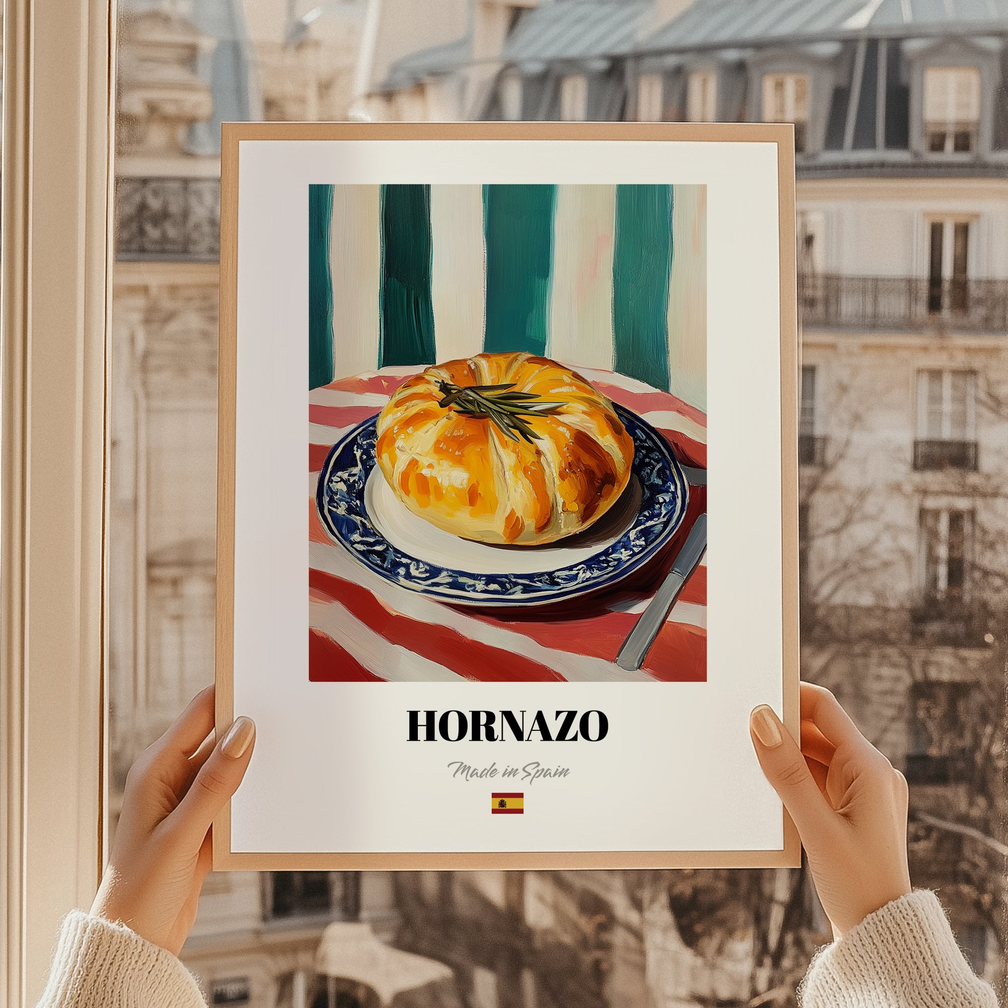 Hornazo – Colorful Oil Painting, Spanish Food Still Life, styled in a charming Paris street view
