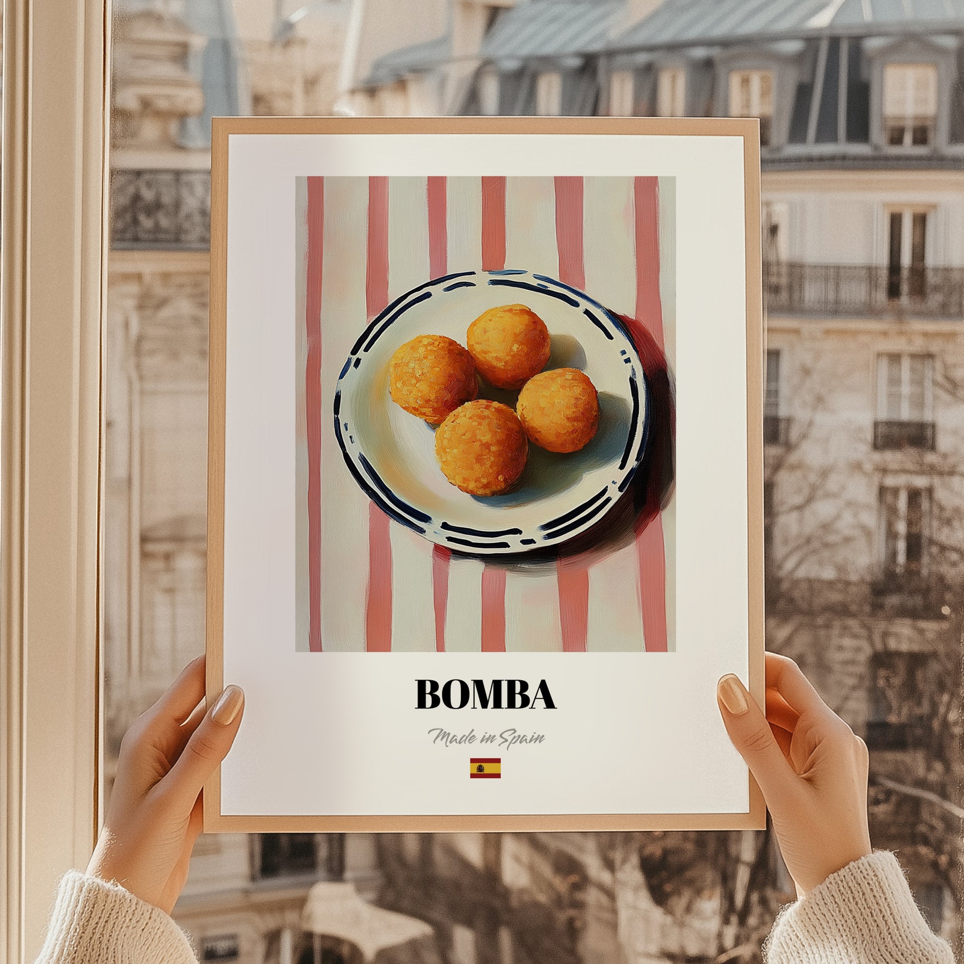 Bomba – on Striped Tablecloth, Spanish Food Art, styled in a charming Paris street view
