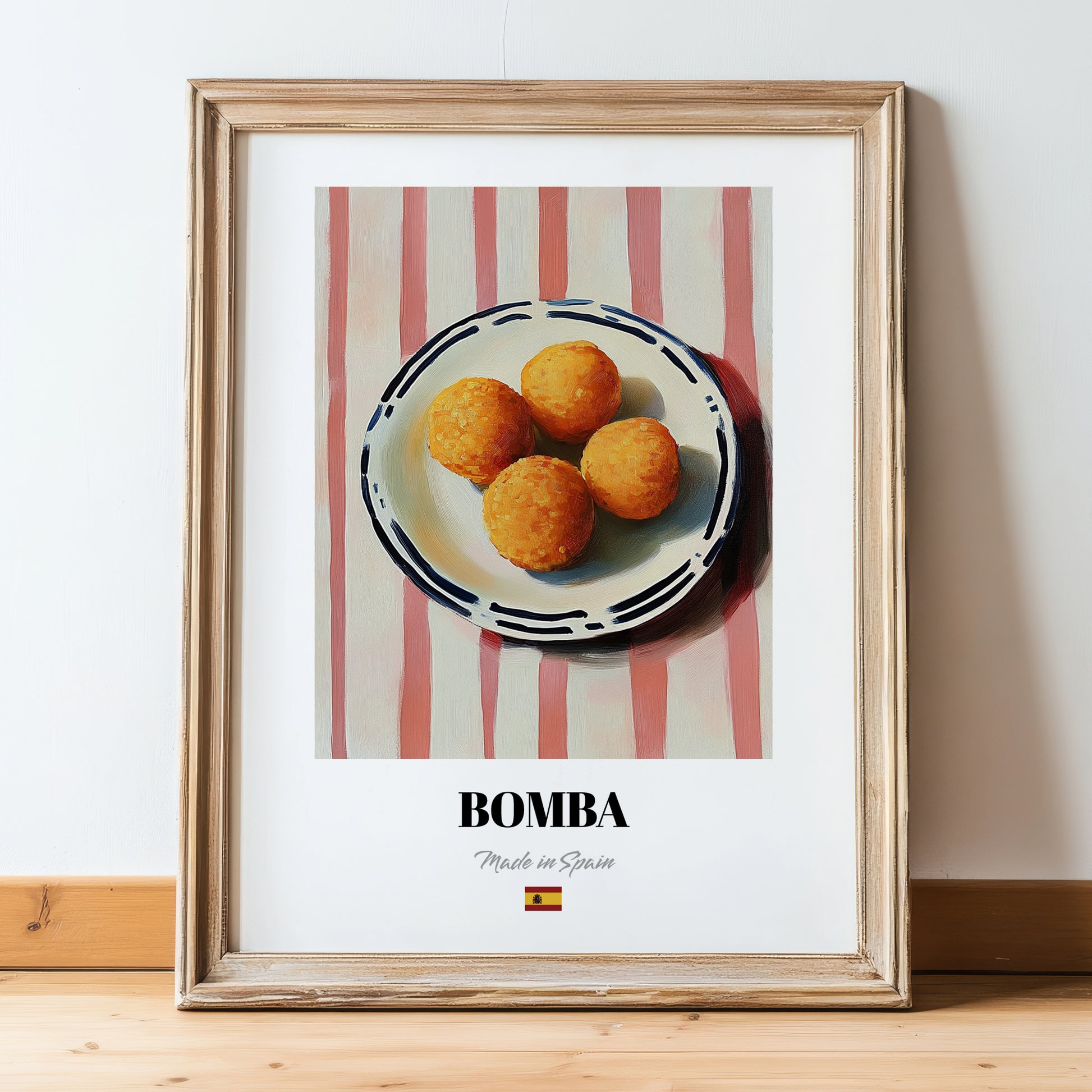 Bomba – on Striped Tablecloth, Spanish Food Art, in wooden frame leaning on the floor