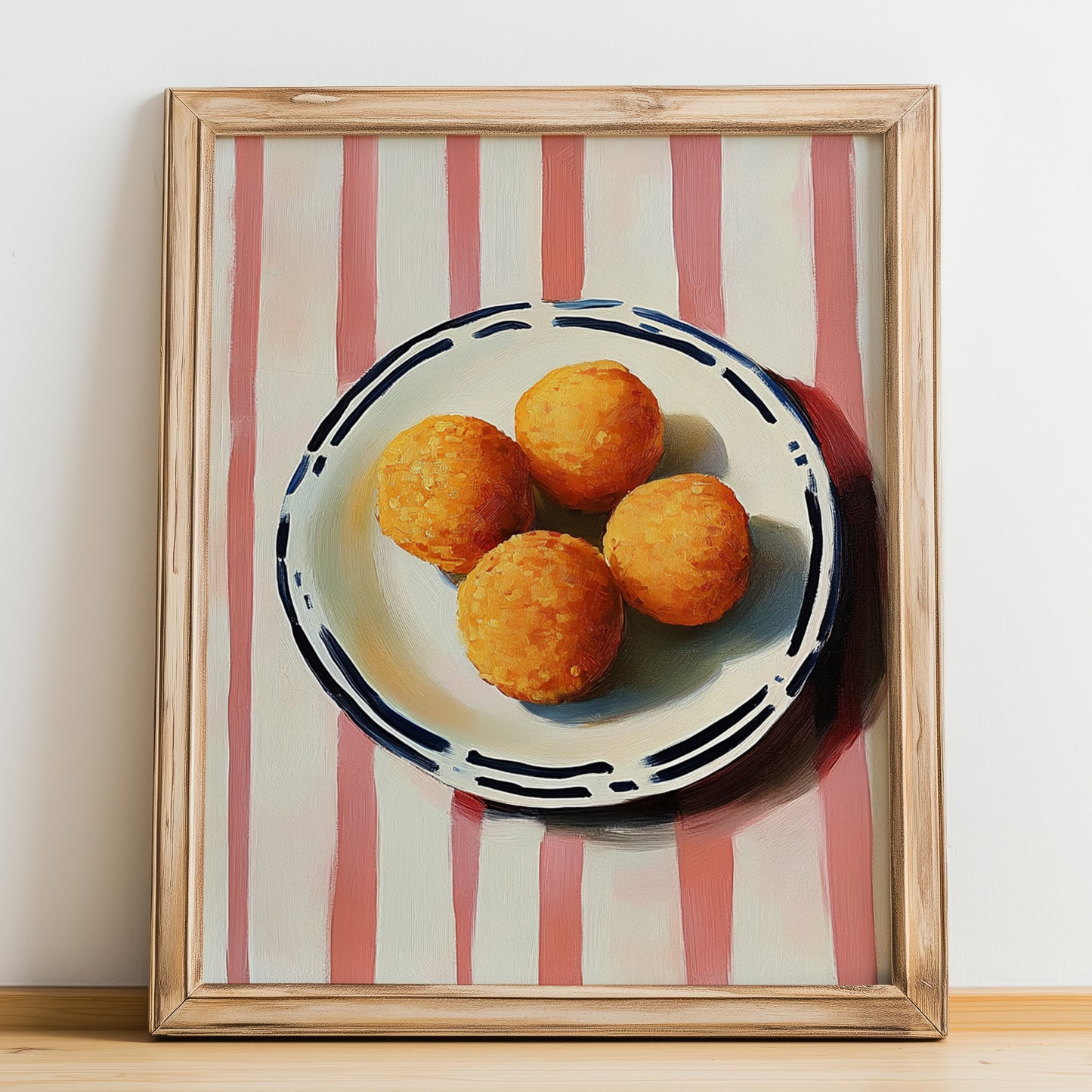 Bomba – on Striped Tablecloth, Spanish Food Art, no-text version framed in wood