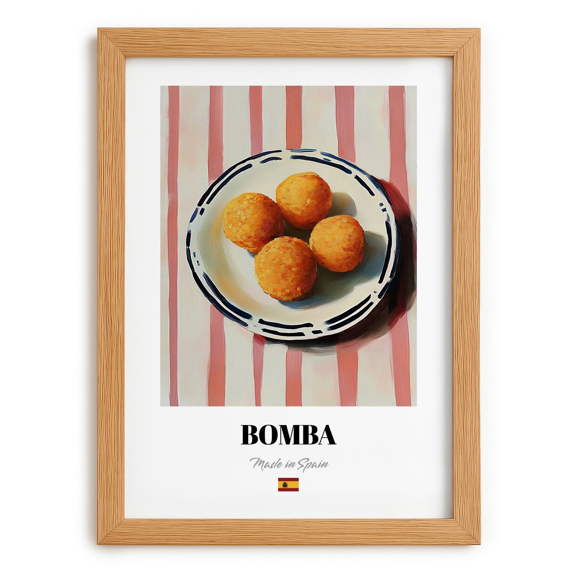 Bomba – on Striped Tablecloth, Spanish Food Art, set in oak frame
