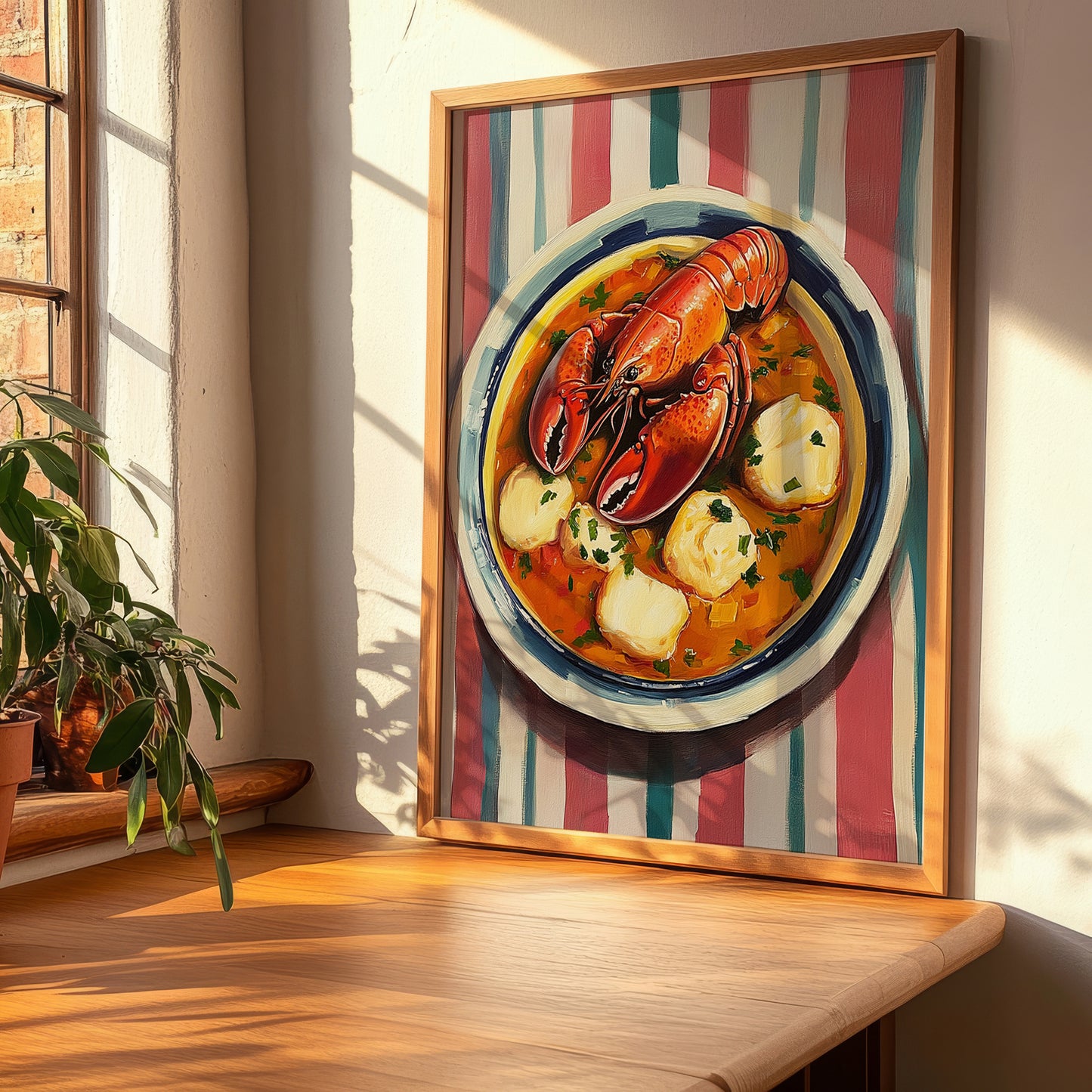 Caldereta de Langosta – on Striped Tablecloth, Spanish Food Painting, clean layout with no caption