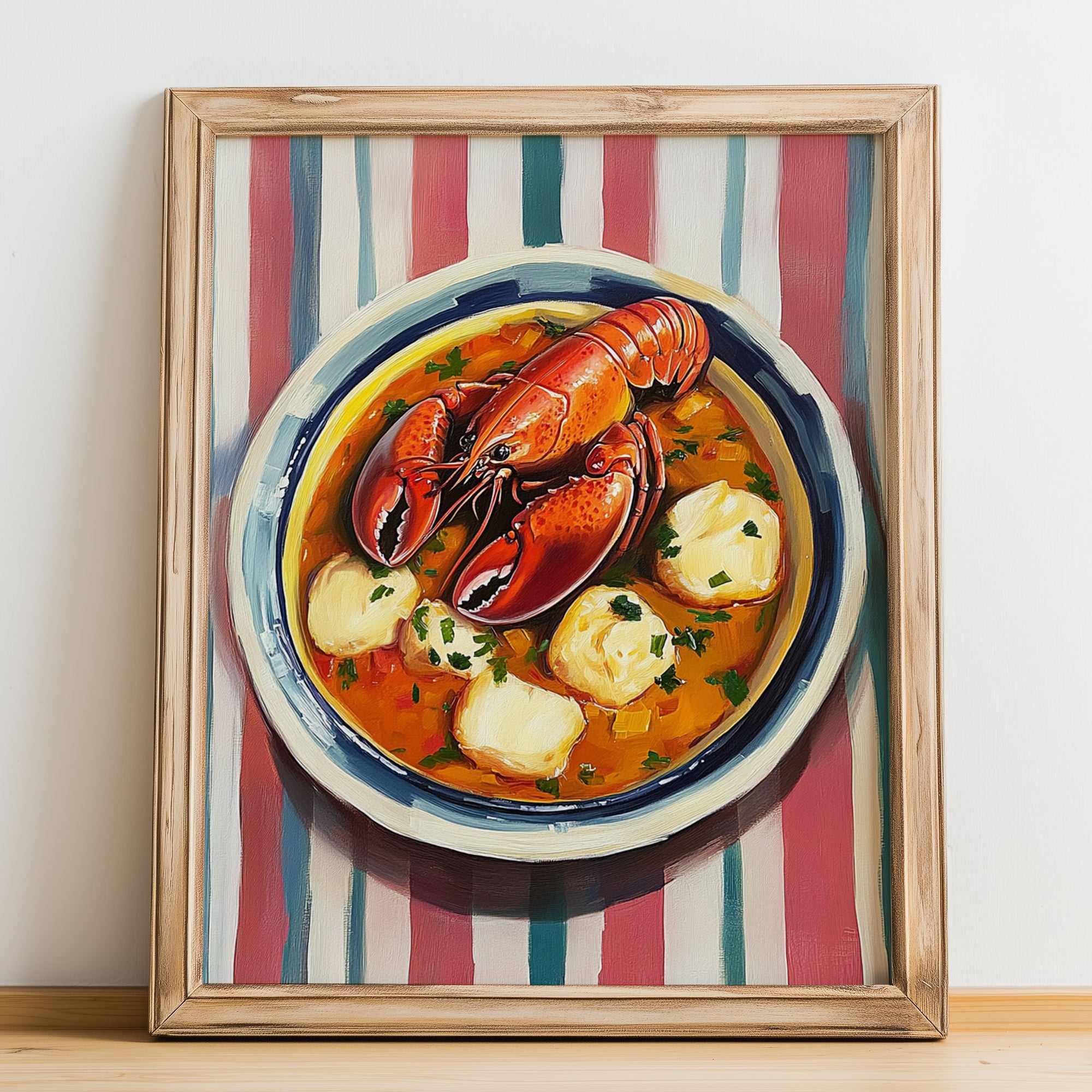 Caldereta de Langosta – on Striped Tablecloth, Spanish Food Painting, no-text version framed in wood