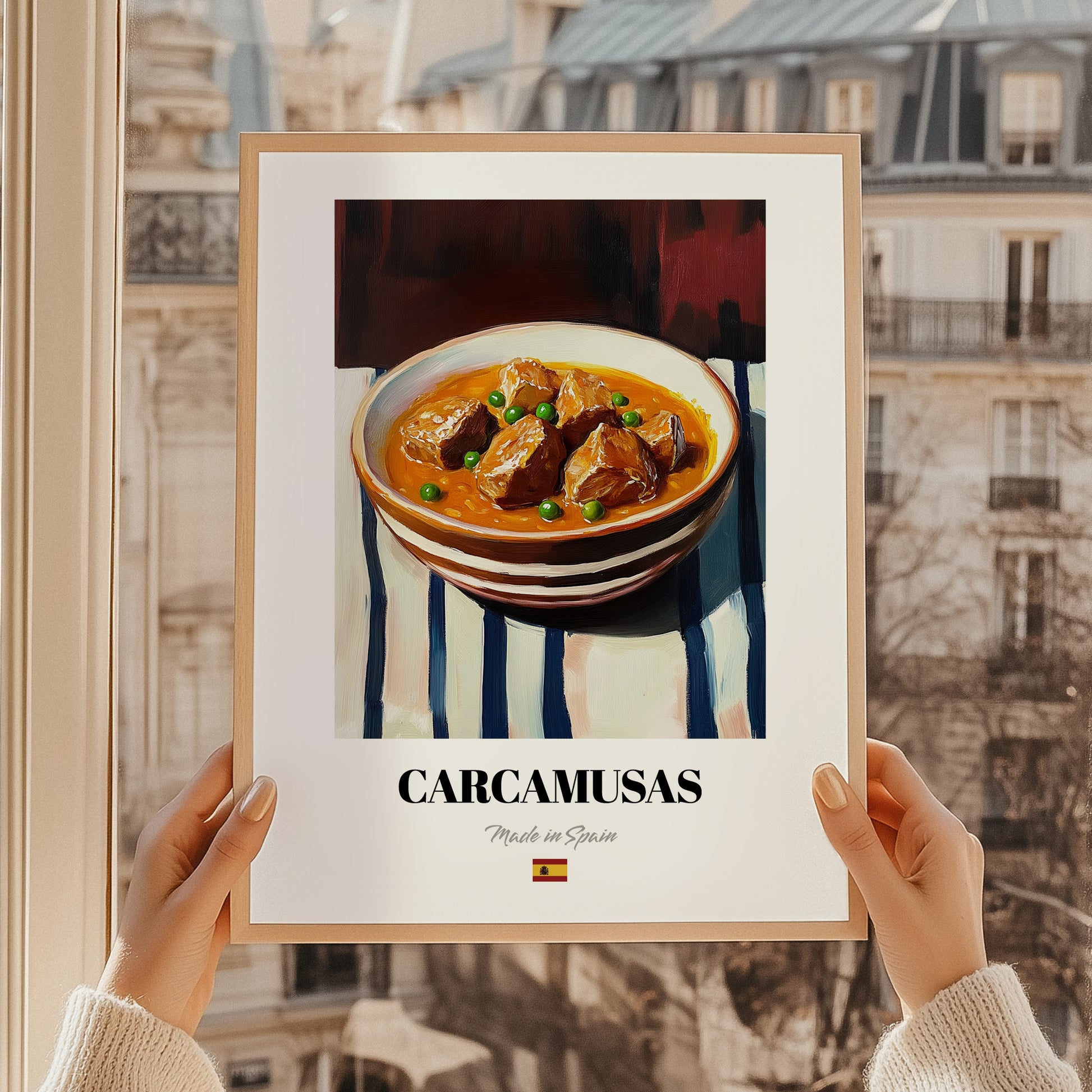 Carcamusas – on Striped Tablecloth, Spanish Food Art, styled in a charming Paris street view