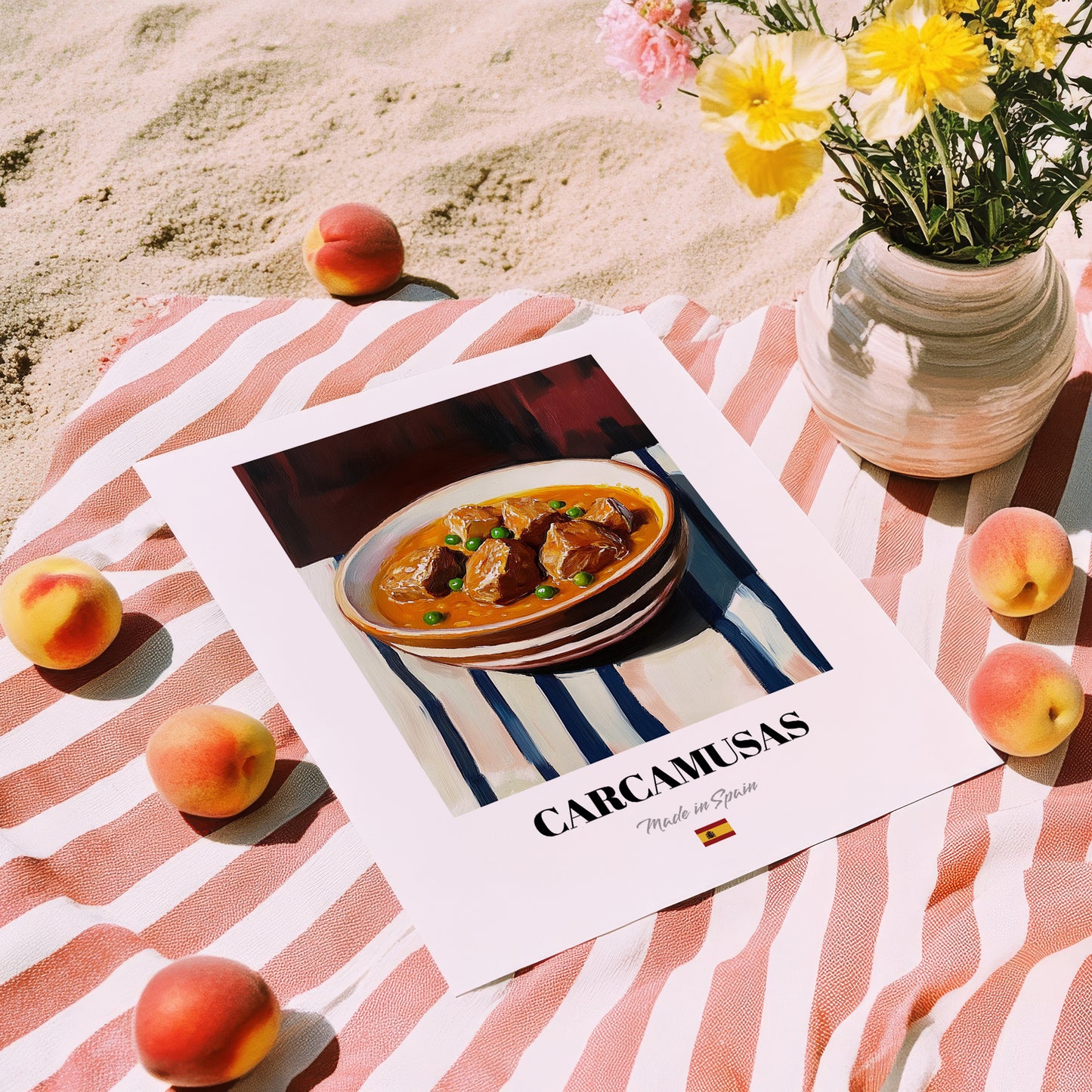 Carcamusas – on Striped Tablecloth, Spanish Food Art, unframed on coastal sand