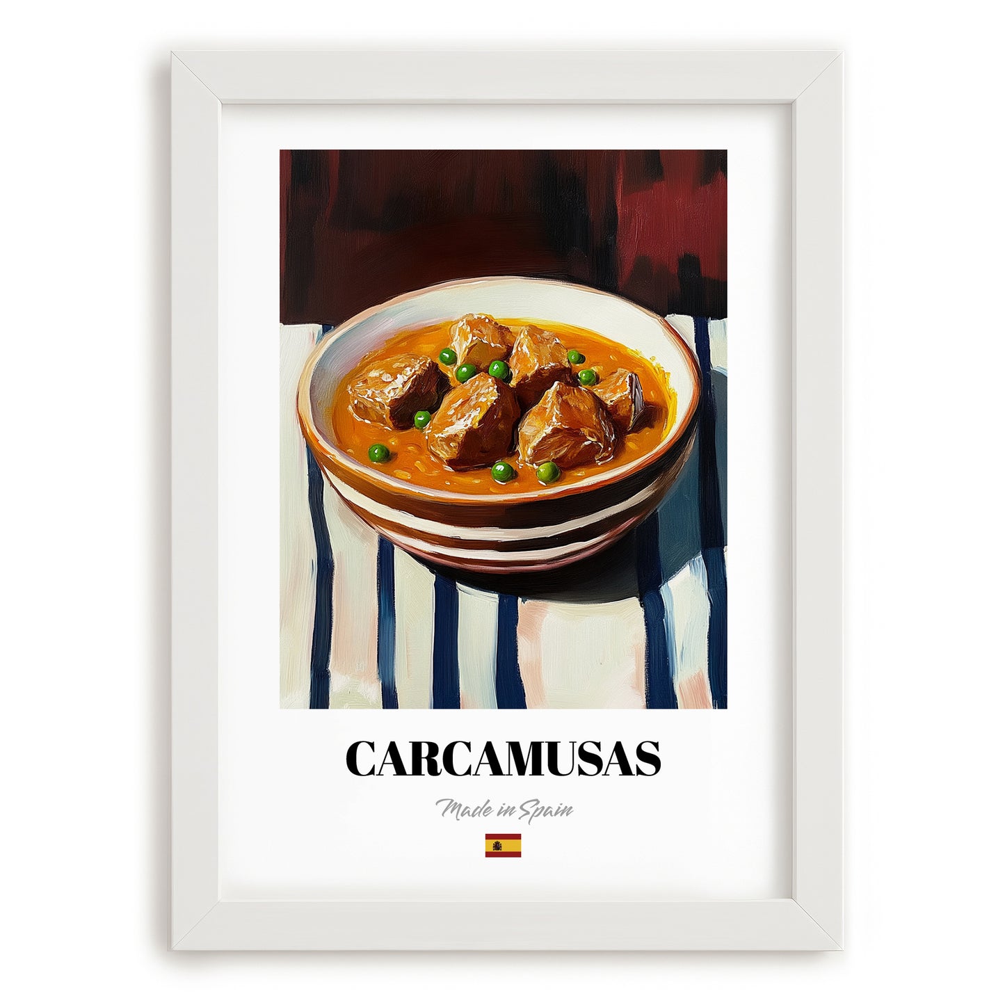 Carcamusas – on Striped Tablecloth, Spanish Food Art, placed in minimal white frame