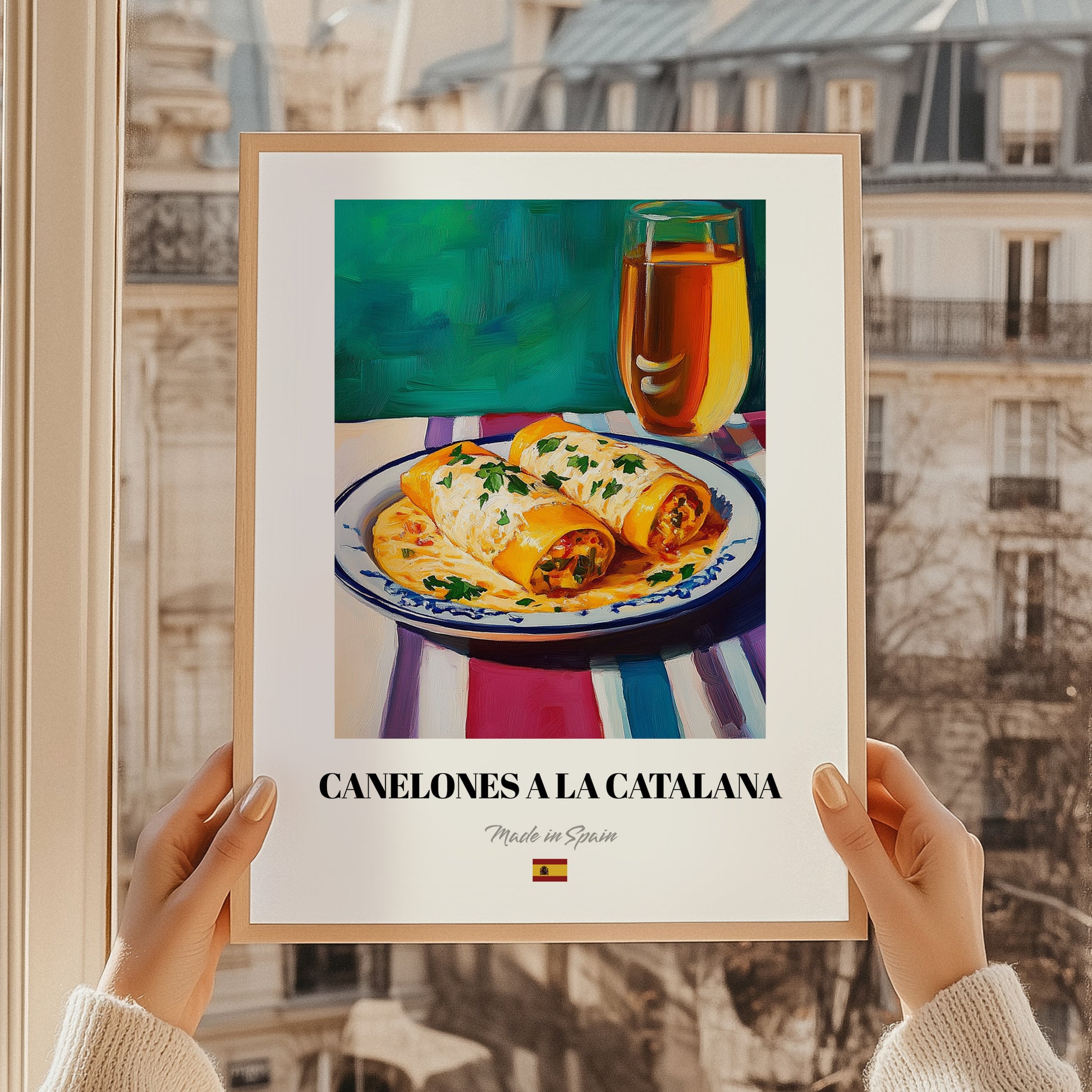 Canelones a la Catalana – Art, Spanish Pasta Wall Painting, styled in a charming Paris street view