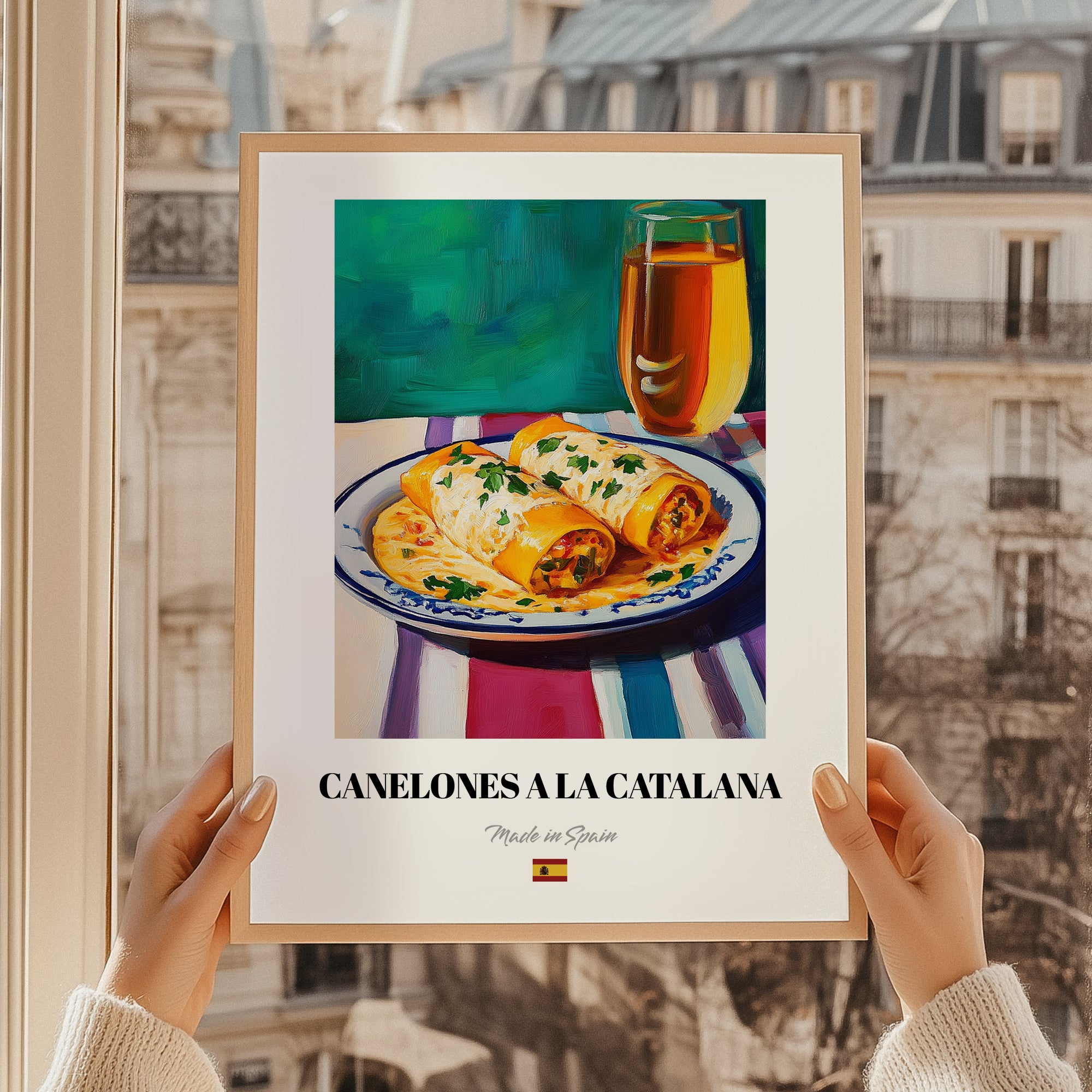 Canelones a la Catalana – Art, Spanish Pasta Wall Painting, styled in a charming Paris street view