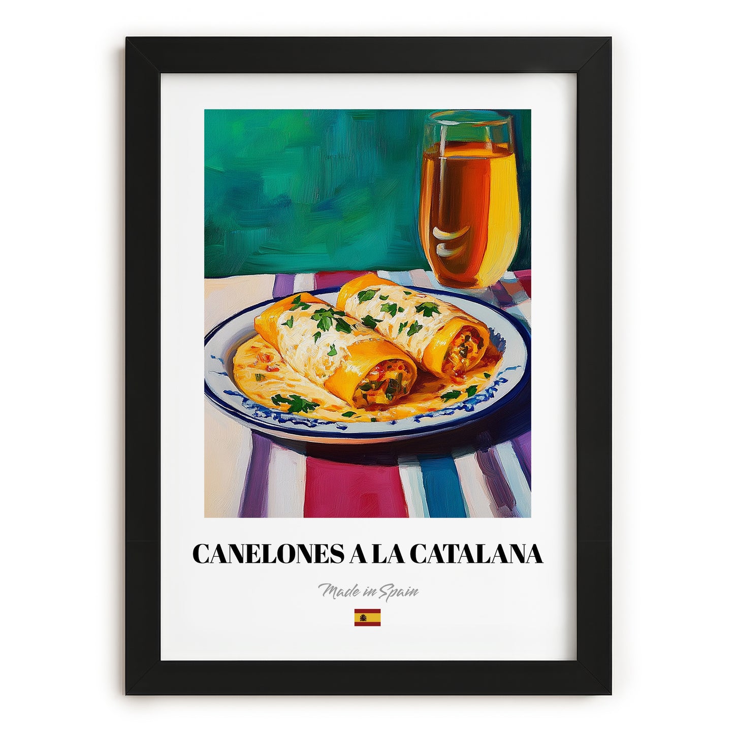 Canelones a la Catalana – Art, Spanish Pasta Wall Painting, in sleek black frame