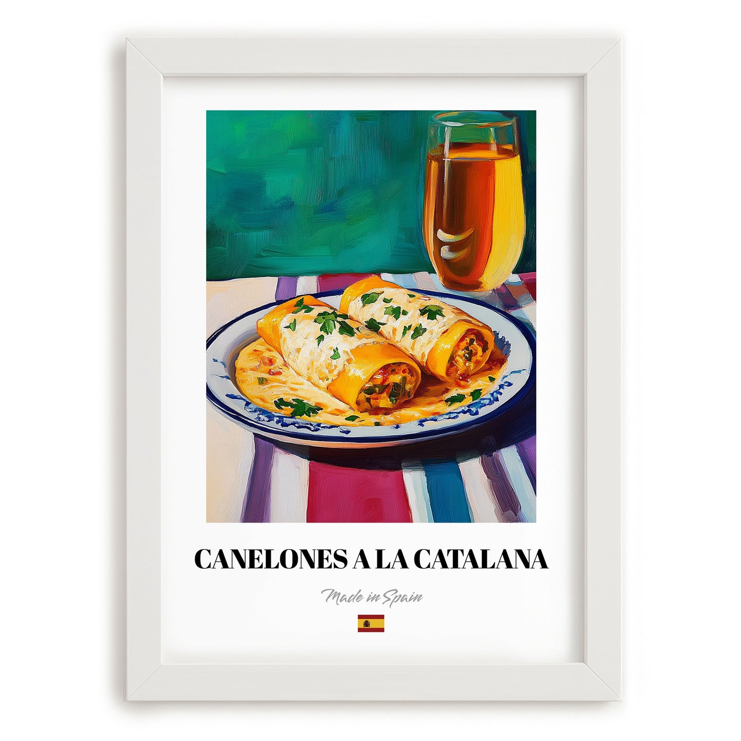 Canelones a la Catalana – Art, Spanish Pasta Wall Painting, placed in minimal white frame
