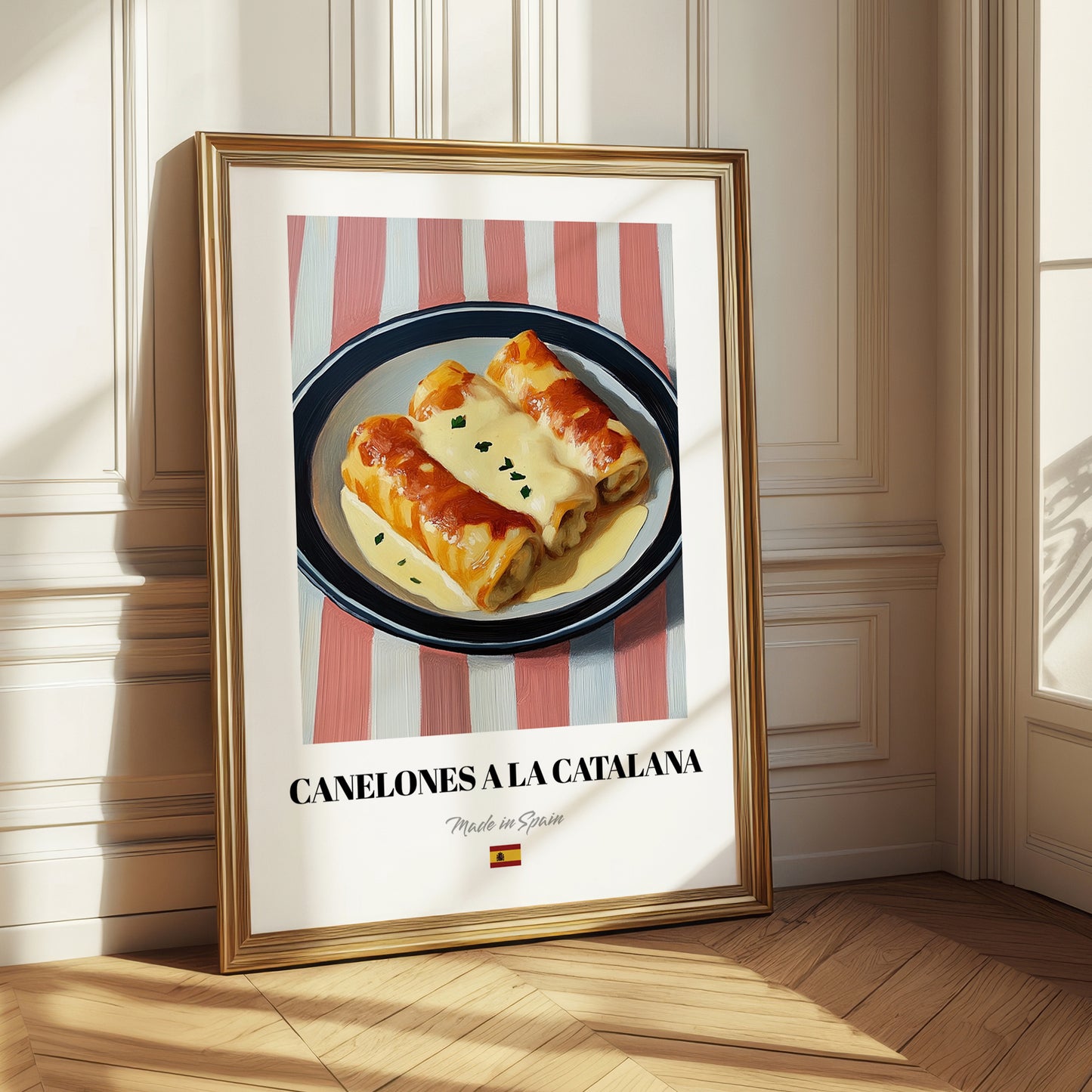 Canelones a la Catalana – on Striped Tablecloth, Spanish Pasta Still Life 