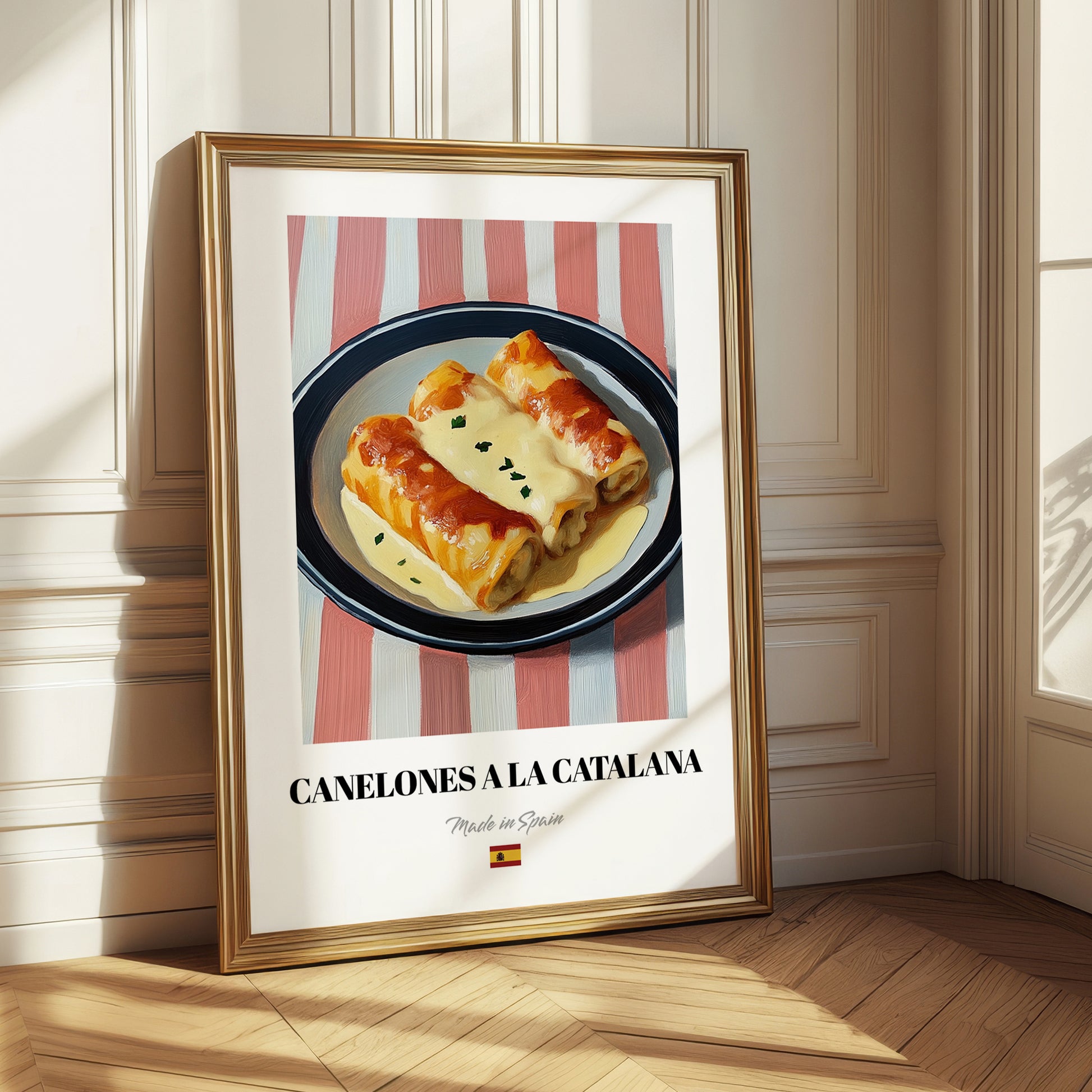 Canelones a la Catalana – on Striped Tablecloth, Spanish Pasta Still Life 