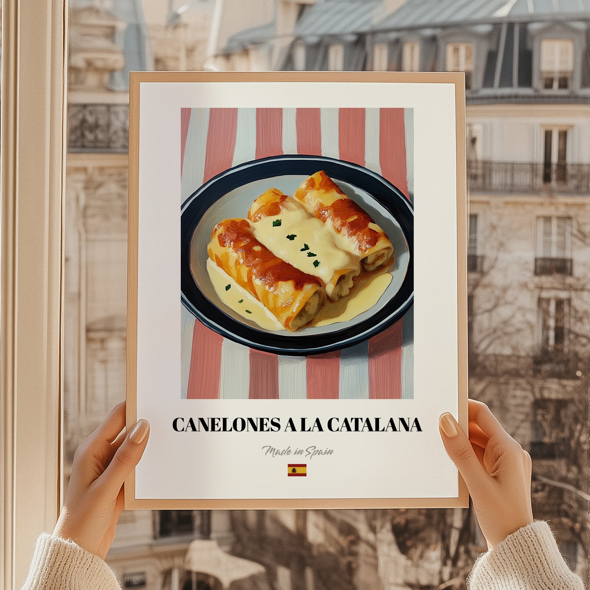 Canelones a la Catalana – on Striped Tablecloth, Spanish Pasta Still Life, styled in a charming Paris street view