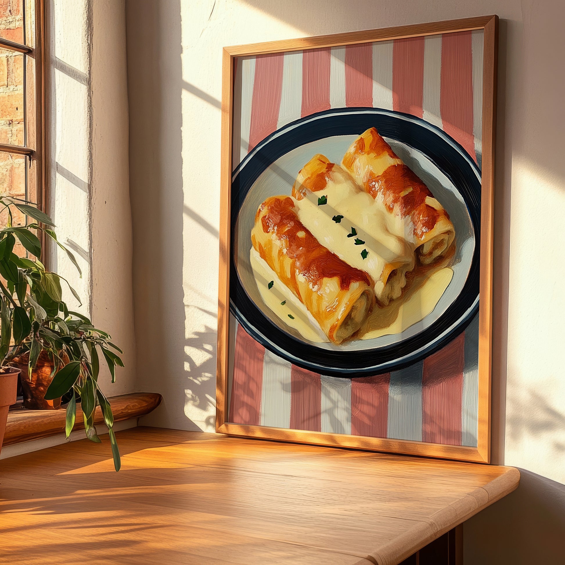 Canelones a la Catalana – on Striped Tablecloth, Spanish Pasta Still Life, clean layout with no caption