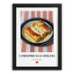 Canelones a la Catalana – on Striped Tablecloth, Spanish Pasta Still Life, in sleek black frame