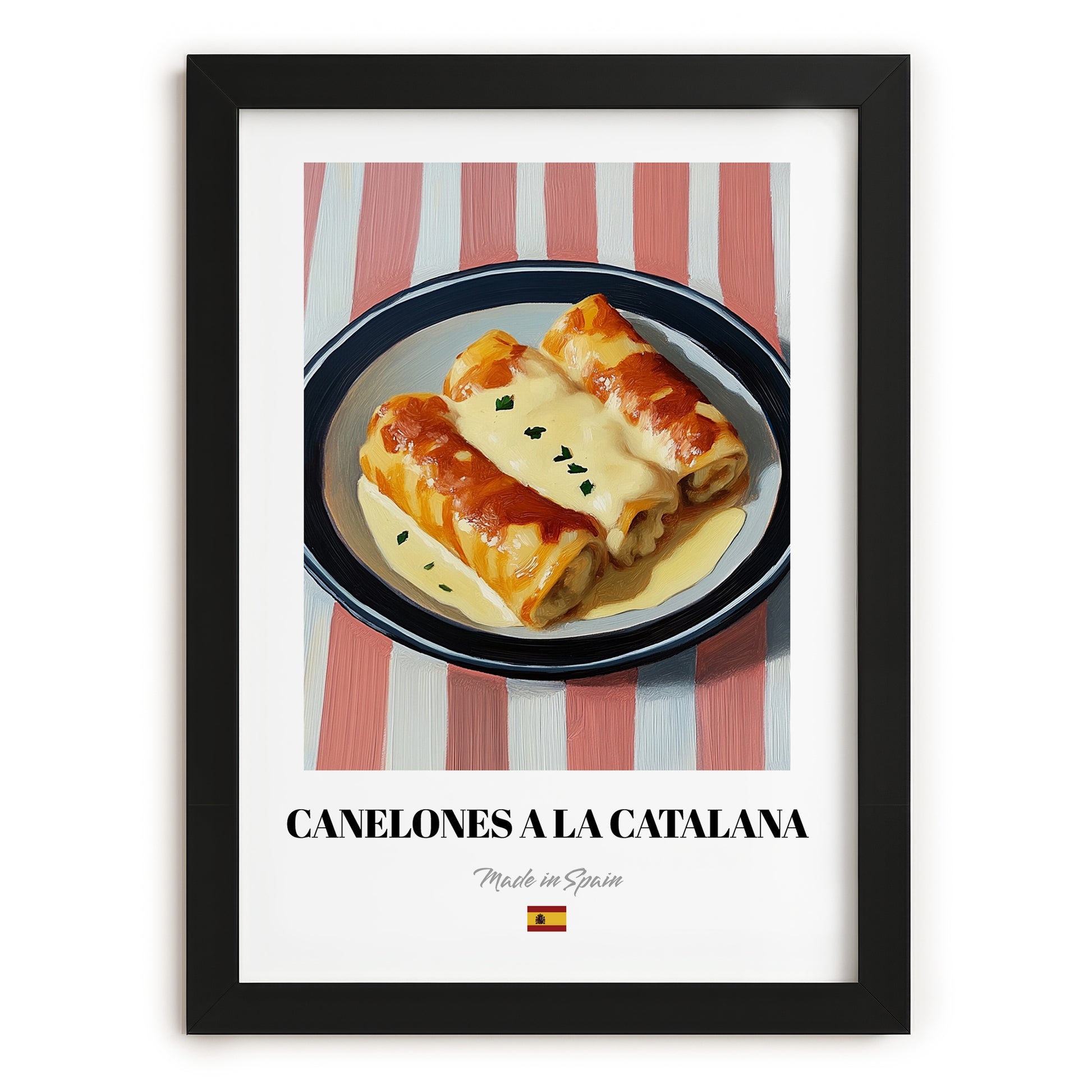 Canelones a la Catalana – on Striped Tablecloth, Spanish Pasta Still Life, in sleek black frame