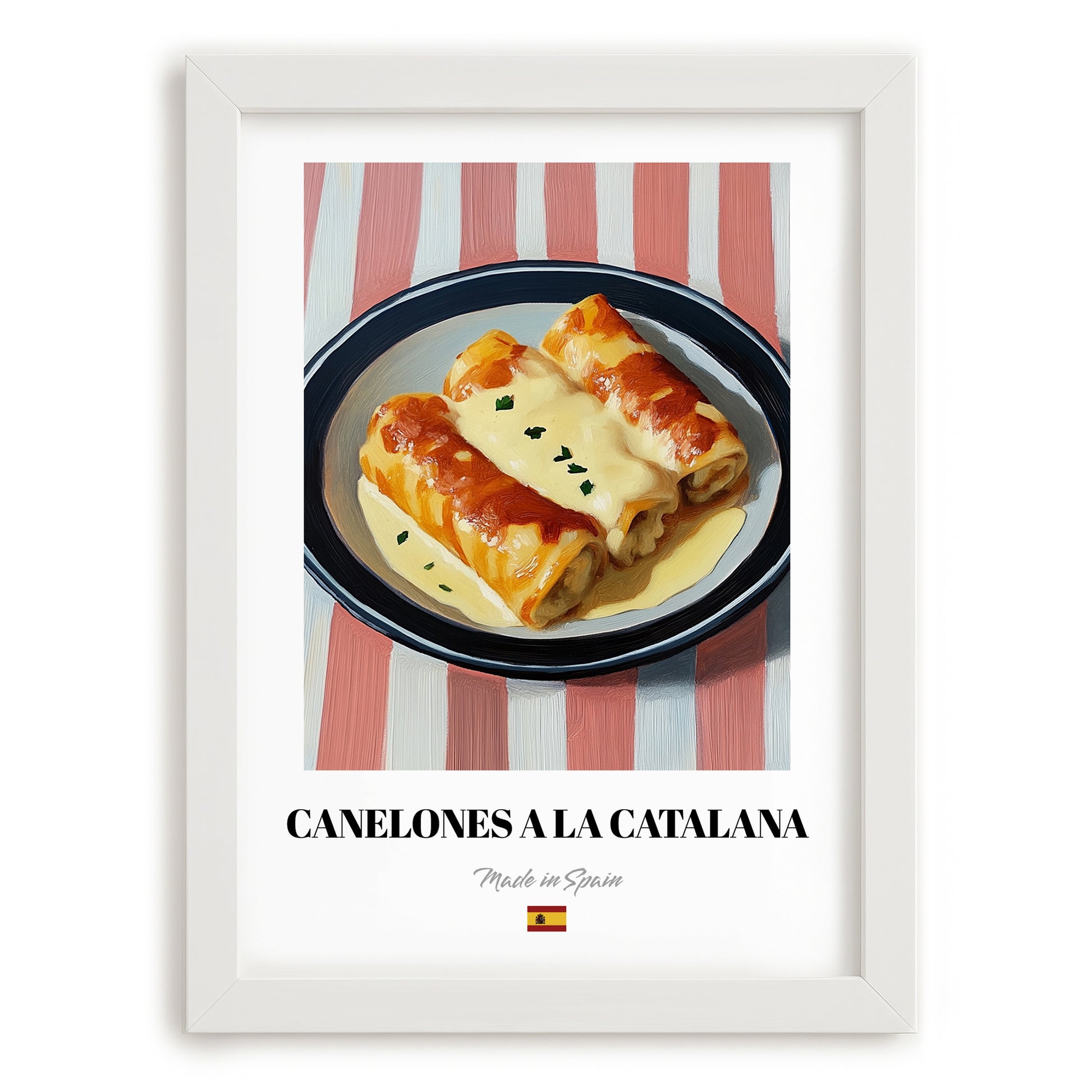 Canelones a la Catalana – on Striped Tablecloth, Spanish Pasta Still Life, placed in minimal white frame