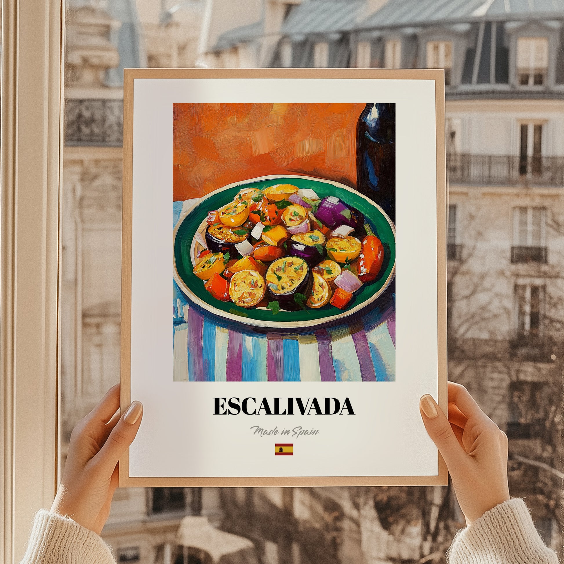 Escalivada – Colorful Oil Painting, Spanish Food Still Life, styled in a charming Paris street view