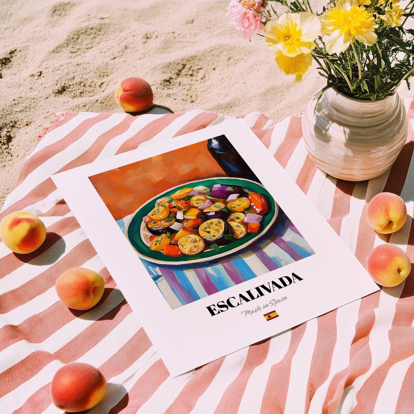 Escalivada – Colorful Oil Painting, Spanish Food Still Life, unframed on coastal sand