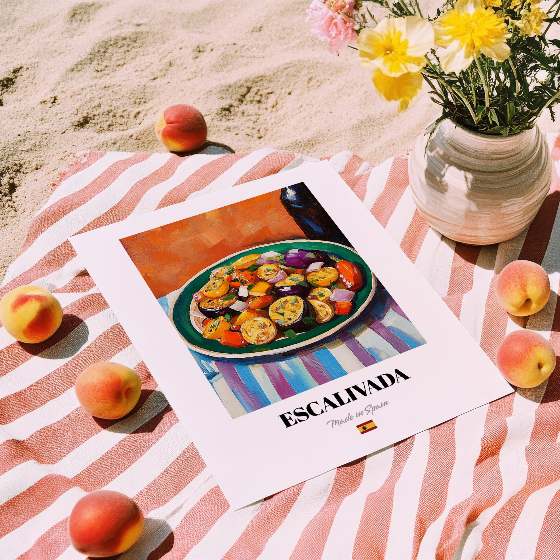 Escalivada – Colorful Oil Painting, Spanish Food Still Life, unframed on coastal sand