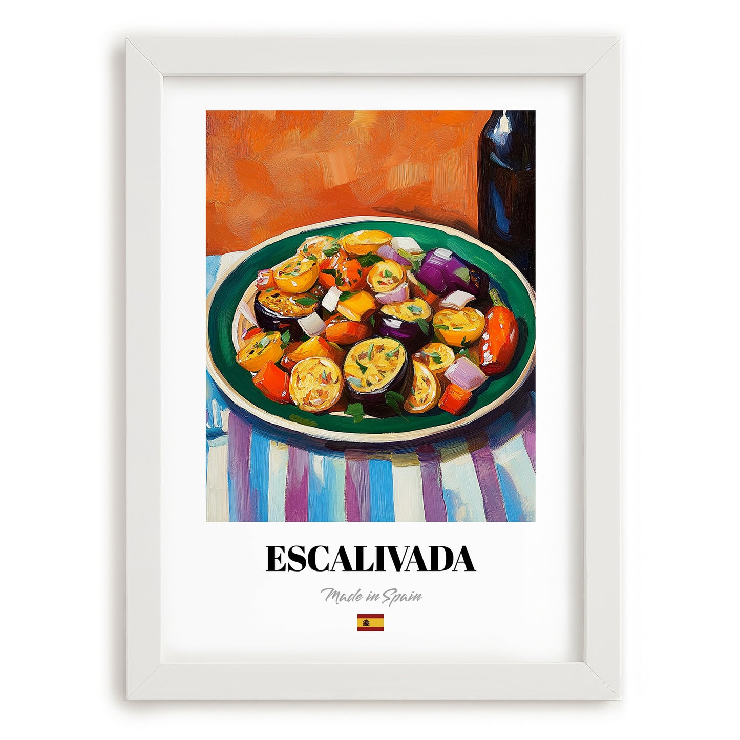 Escalivada – Colorful Oil Painting, Spanish Food Still Life, placed in minimal white frame