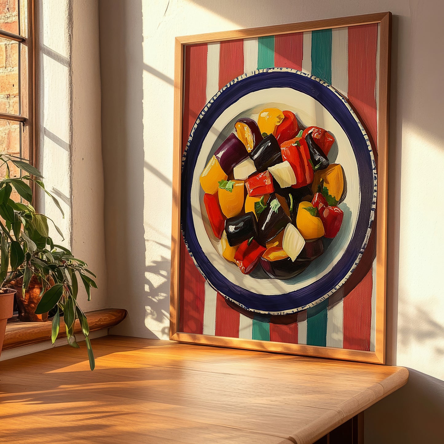 Escalivada – on Striped Tablecloth, Spanish Food Print, clean layout with no caption